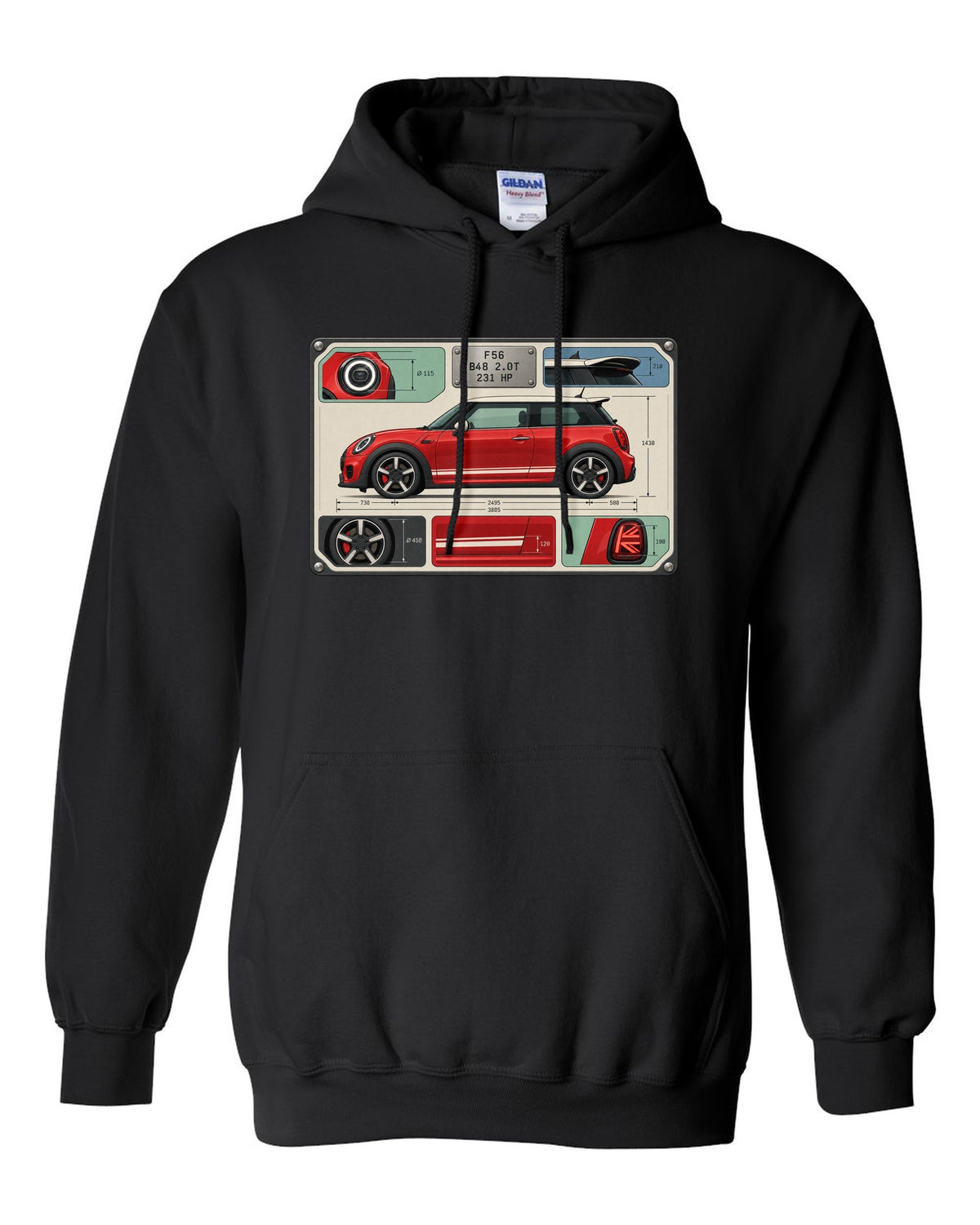 Spec-sheet data plate for the Mini JCW F56 with B48 2.0T and 231 HP black pull over hoodie front view with the design