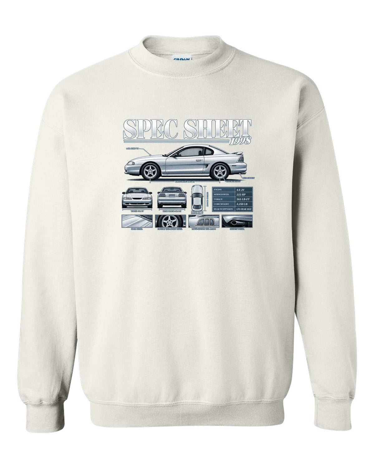 Spec sheet poster print of a 1998 SN95 Ford Mustang GT coupe white crewneck front view with the design