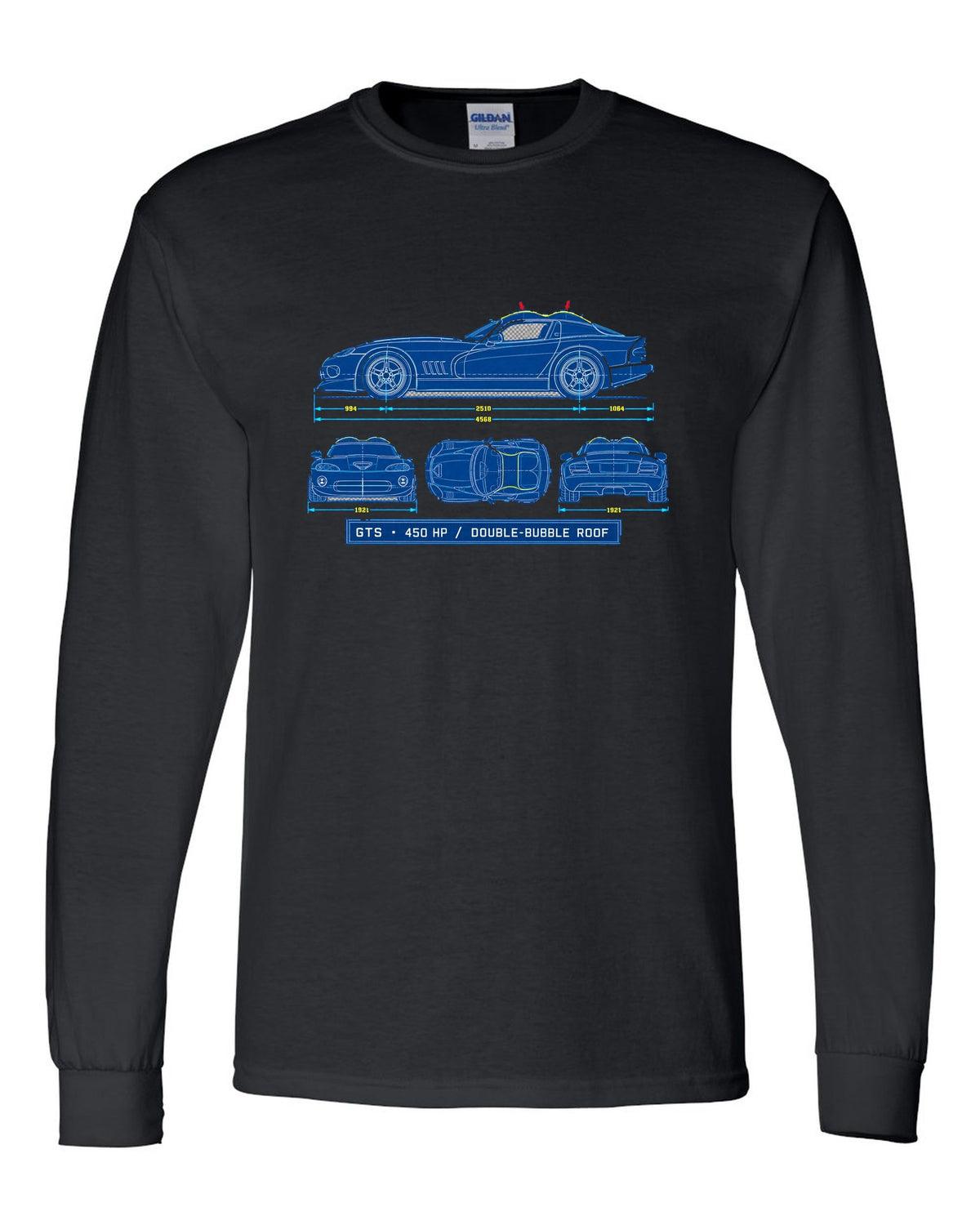 Cyanotype blueprint print of a 1996 Dodge Viper GTS SR II with double-bubble roof text black long sleeve front view with the design