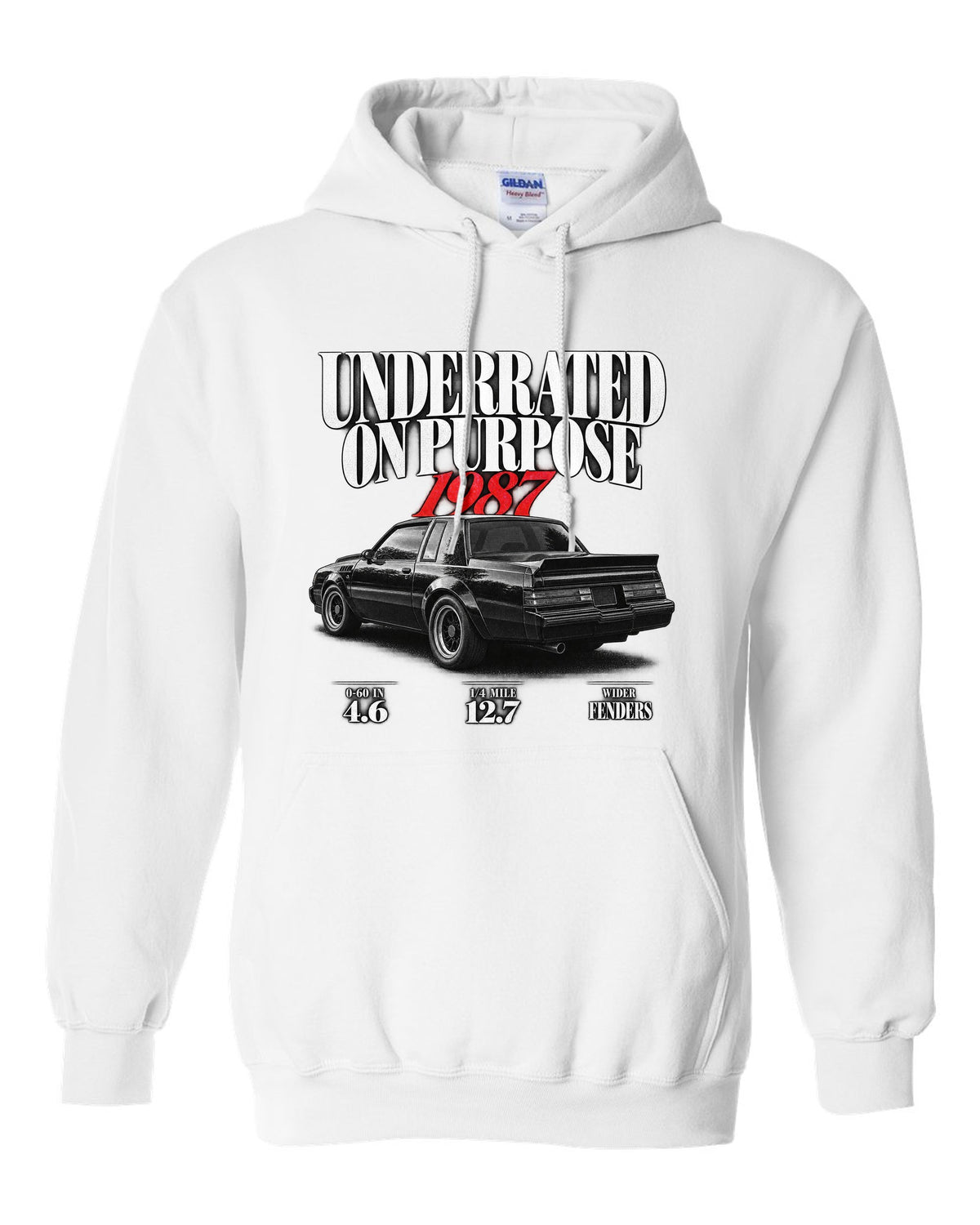 1987 Buick GNX editorial headline print with performance figures white pull over hoodie front view with the design