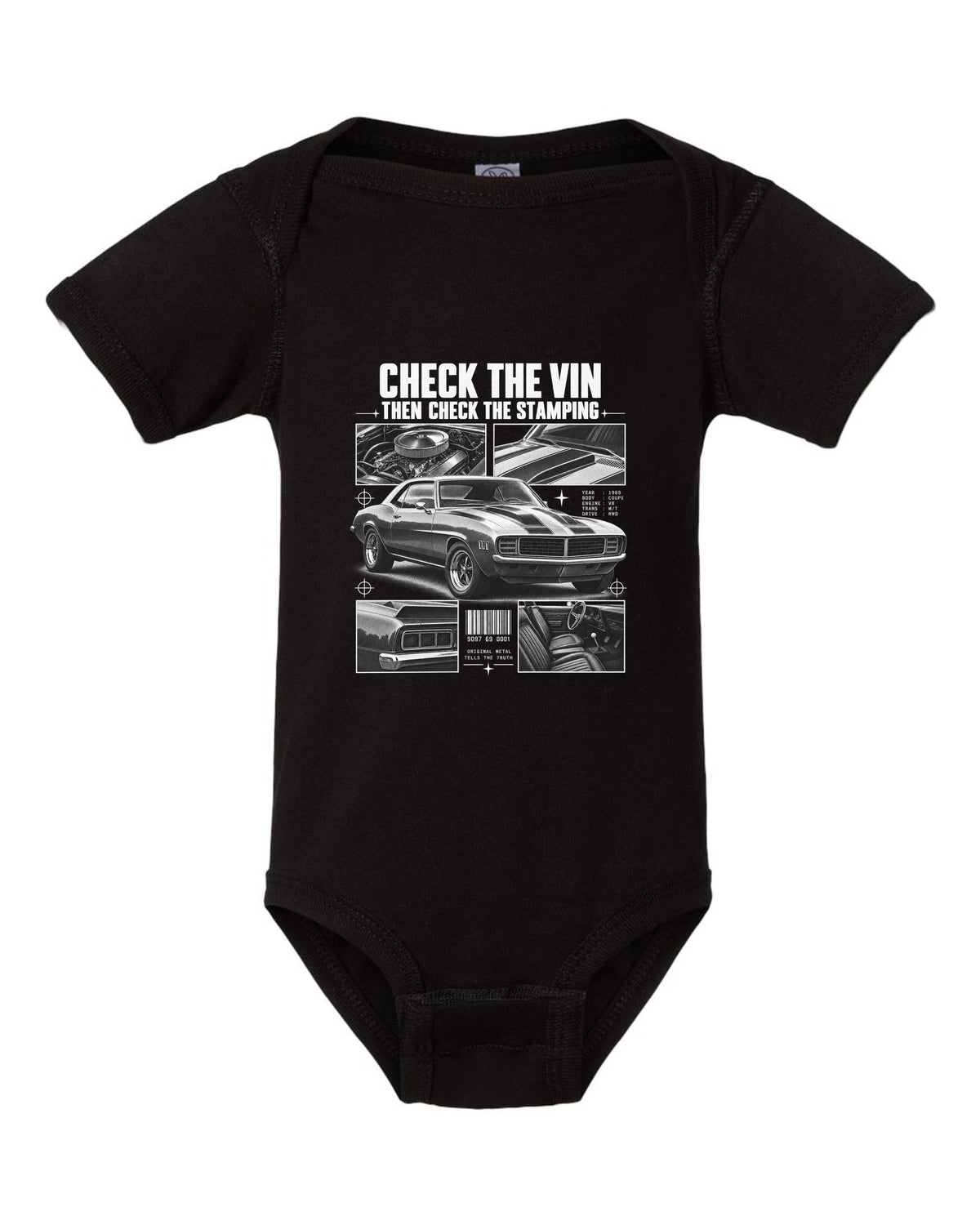 Dossier-panel print of a 1969 Chevrolet Camaro with check the VIN and stamping text black baby onesie front view with the design