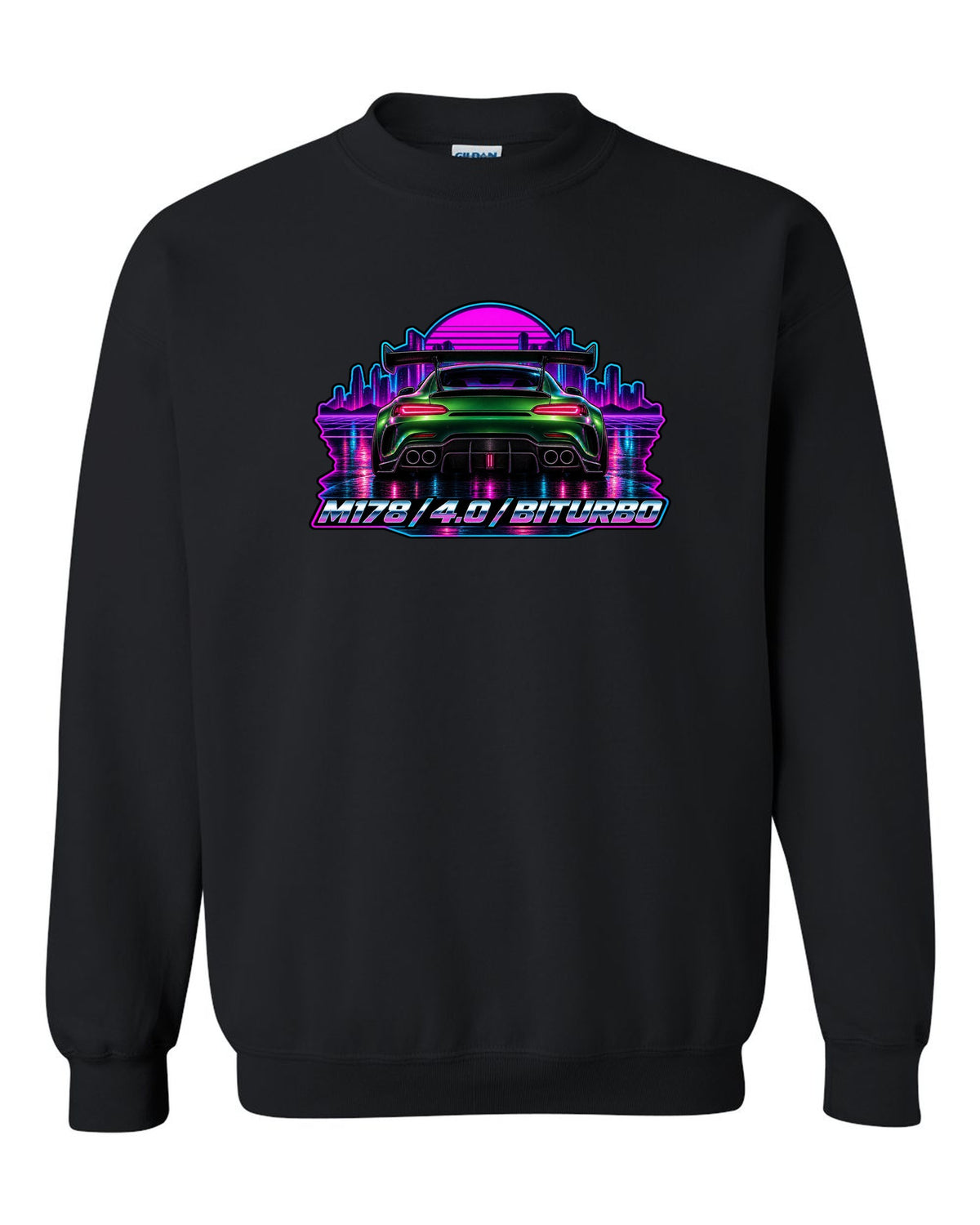 Cyanotype blueprint style engine bay illustration of a Mercedes AMG GT C190 with M178 557 PS text black crewneck front view with the design