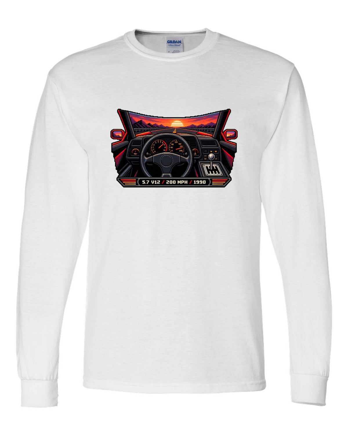 Pixel art Lamborghini Diablo from 1990 with gated shifter and 5.7 V12 200 MPH lettering white long sleeve front view with the design