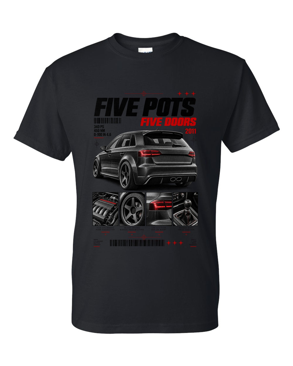 Audi RS3 Sportback 8P rear three-quarter in dossier panels with five pots text black t-shirt front view with the design