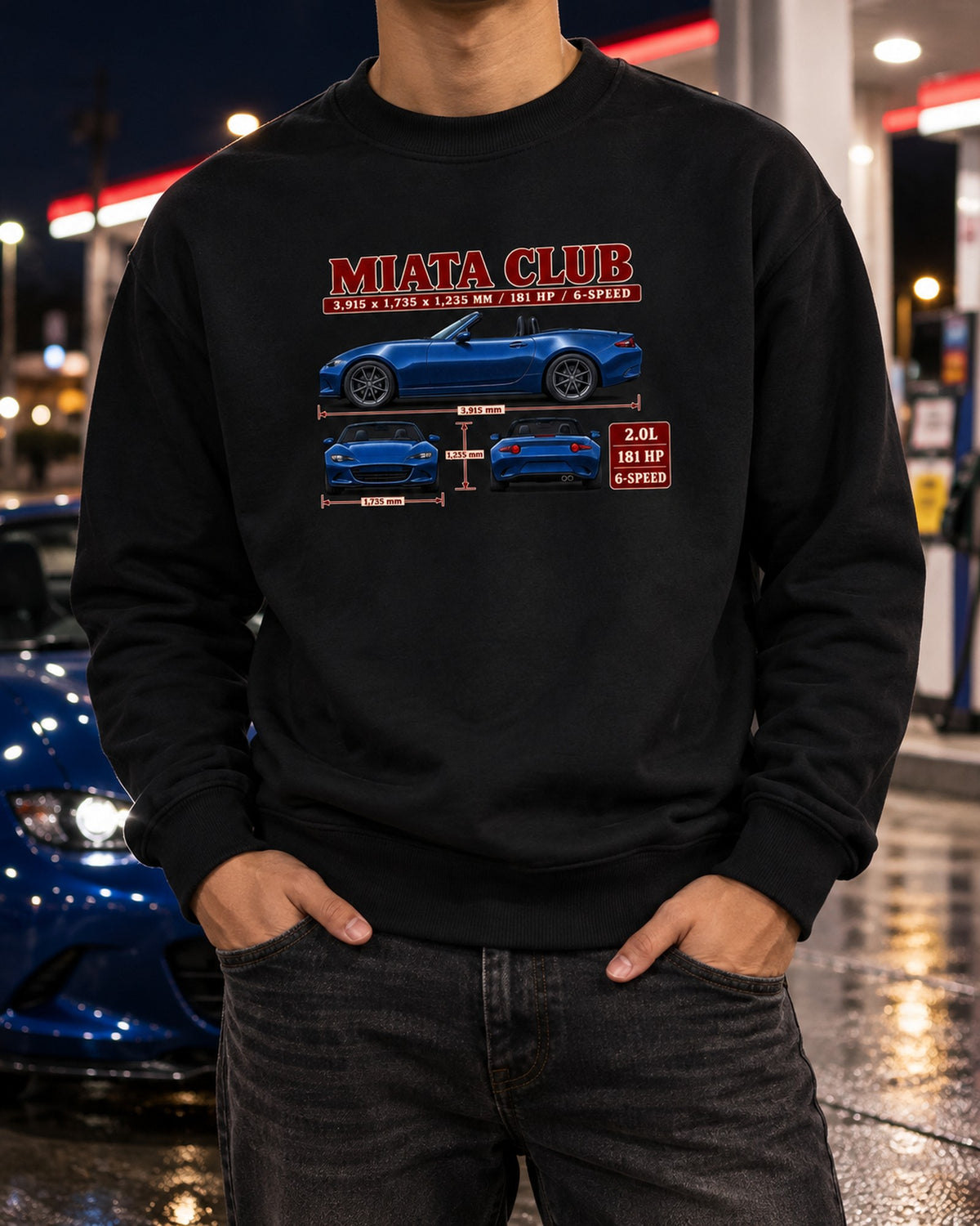 Mazda MX-5 ND Club Three-View Spec Shirt, Miata Car Gift Crewneck Black worn hero