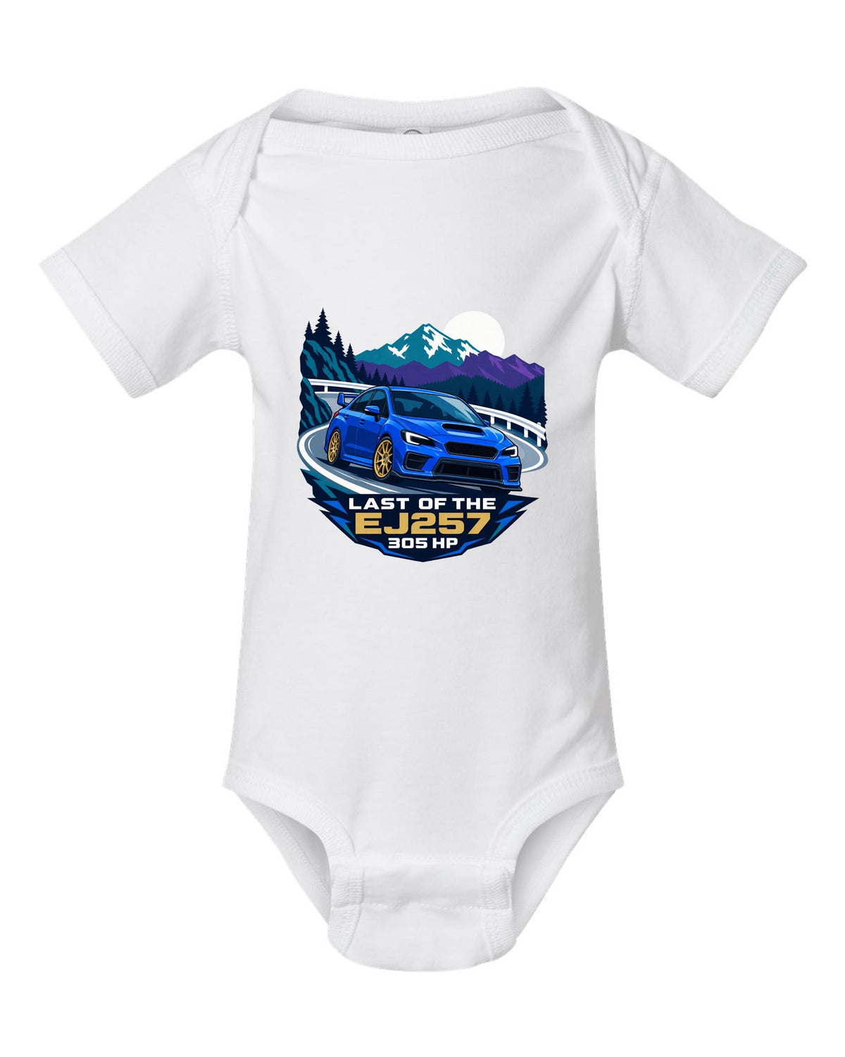 Flat vector minimalist Subaru WRX STI VAB on a hairpin corner white baby onesie front view with the design