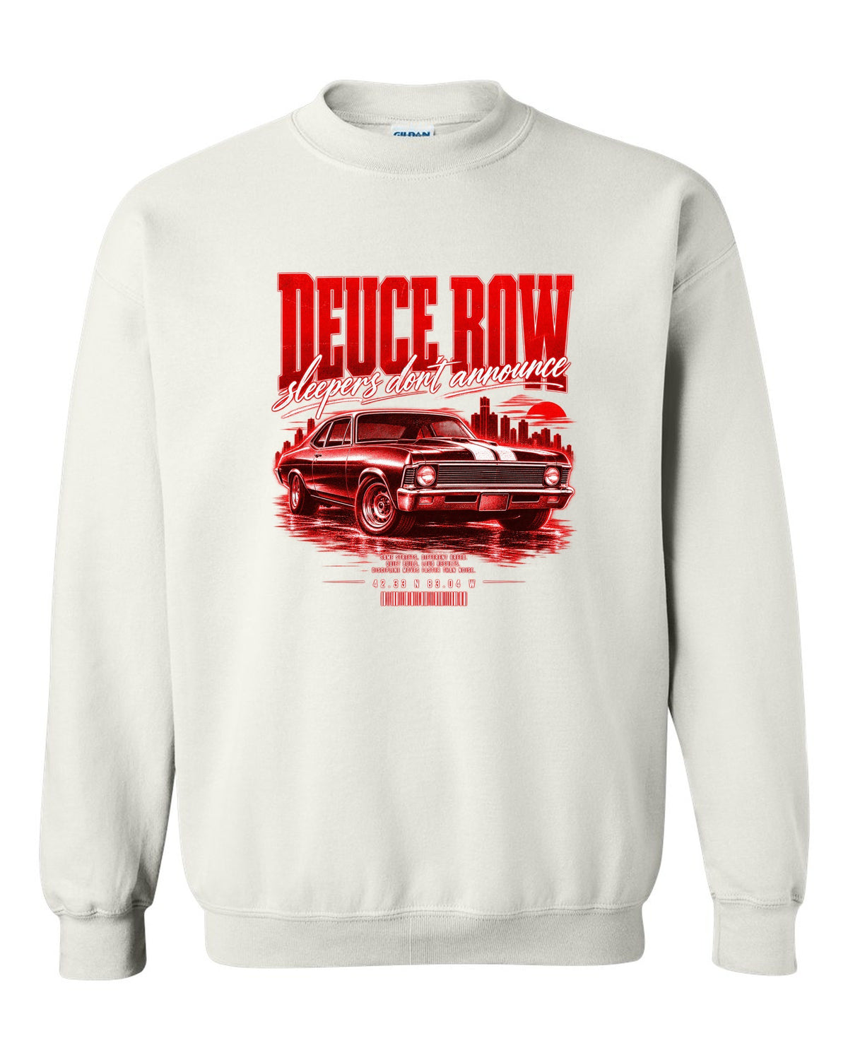 Street-poster print of a 1969 Chevrolet Nova SS with Deuce Row lettering white crewneck front view with the design