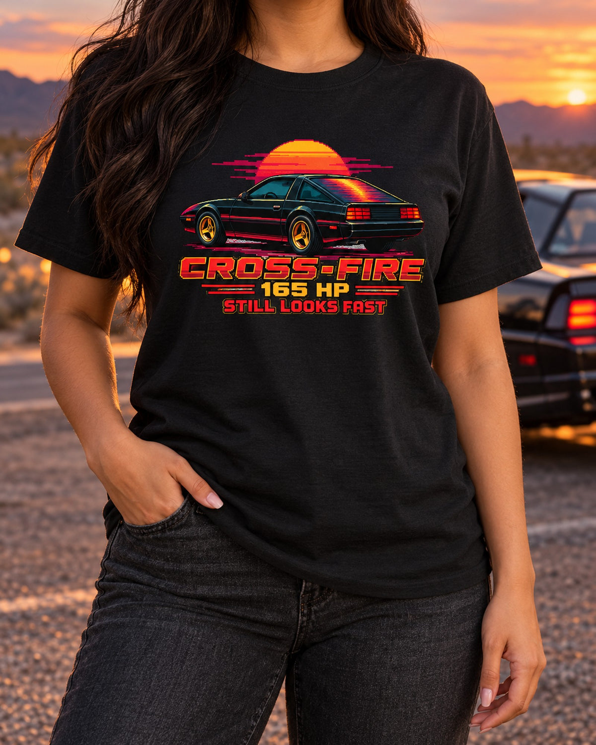 Camaro Z28 1982 Cross-Fire Pixel Art Tee, Third Gen T-Shirt Black worn hero