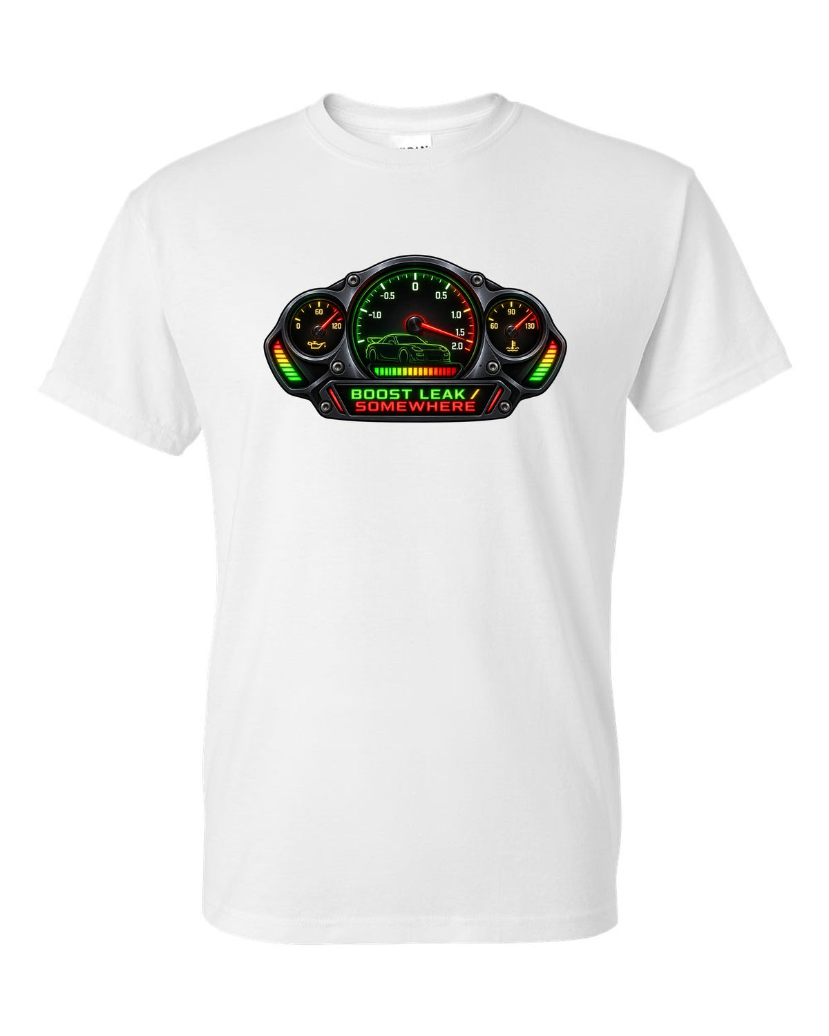 Sticker-bomb collage print of a Mazda RX-7 FD3S with text 5-Lug, 17 Inch, Bronze white t-shirt front view with the design