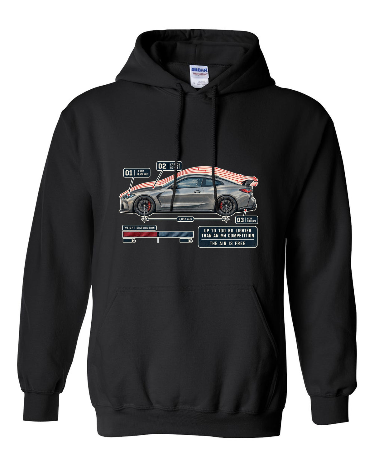 BMW M4 CSL G82 aero flow cutaway print black pull over hoodie front view with the design