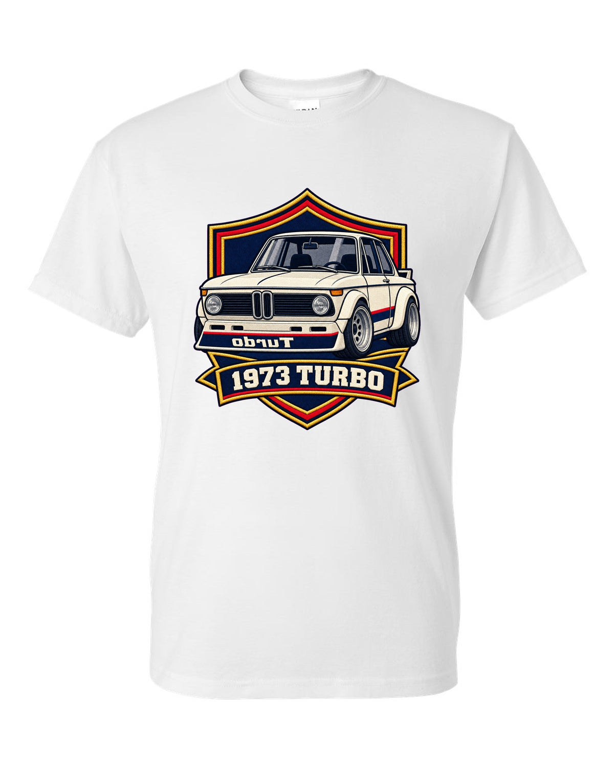 BMW 2002 turbo varsity crest print with mirrored turbo lettering and 1973 white t-shirt front view with the design