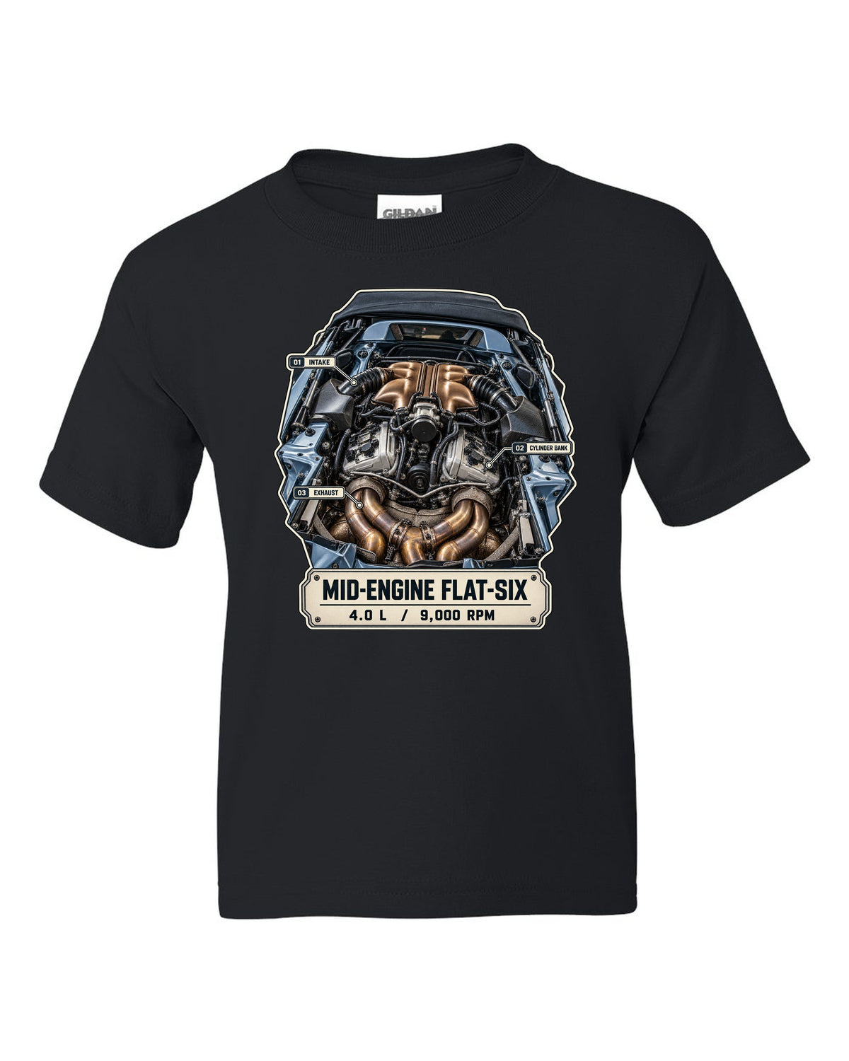 Engine hero print of a Porsche 718 Spyder RS 982 showing the mid-engine 4.0 L flat-six black kids tee front view with the design