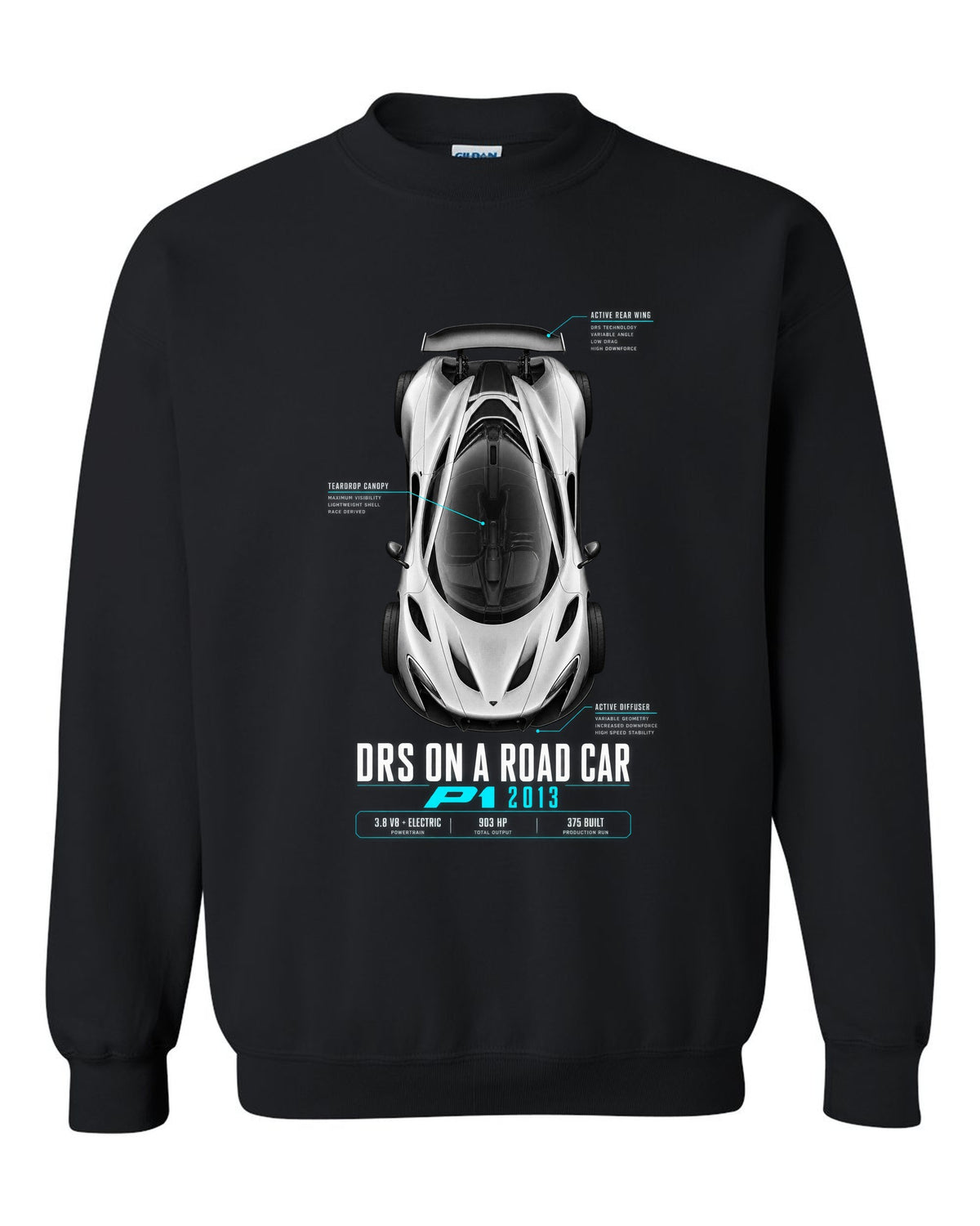 Spec poster print of a 2013 McLaren P1 with DRS on a road car text black crewneck front view with the design