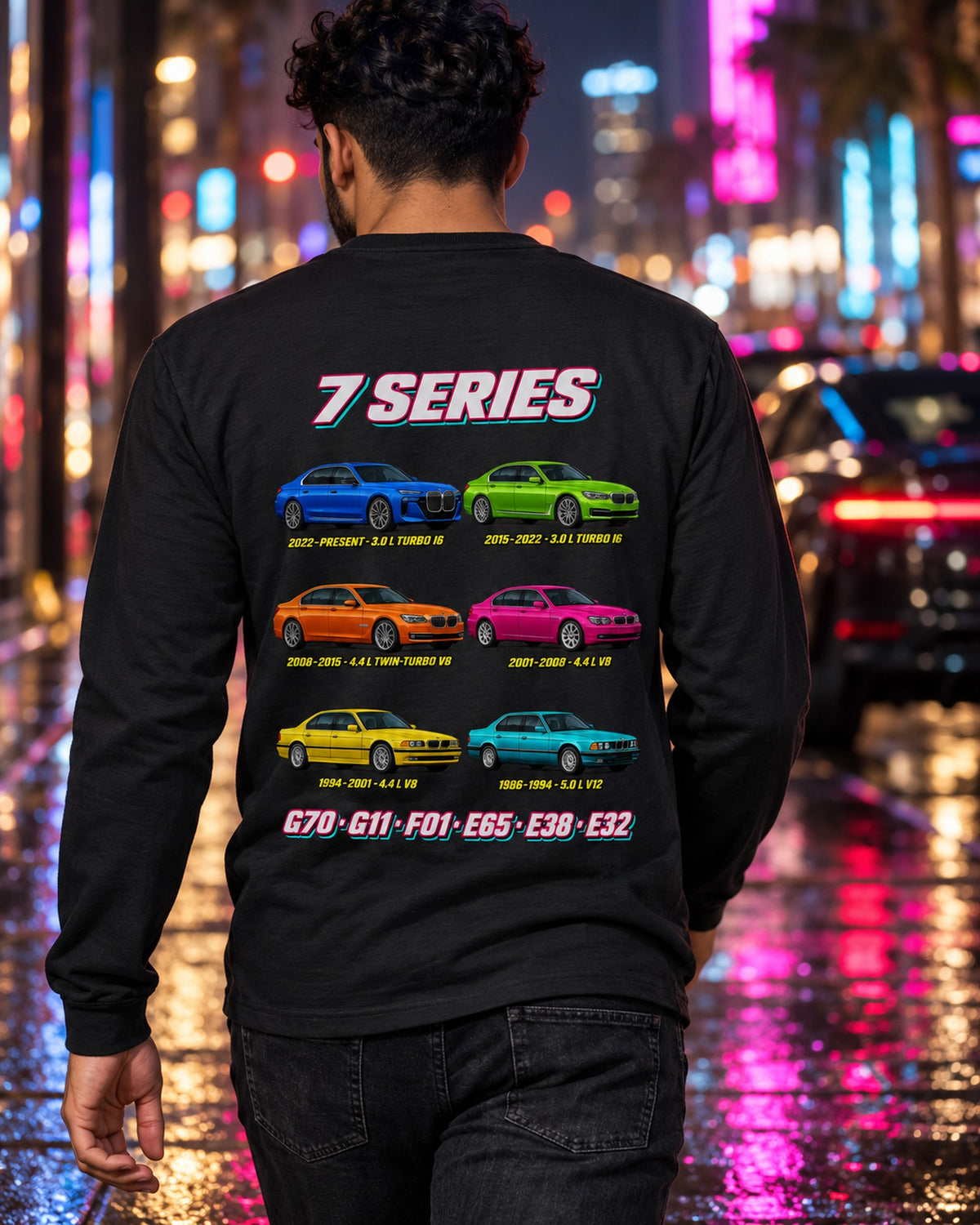 BMW 7 Series Evolution Poster Full-Back Graphic Tee Long Sleeve Black worn hero