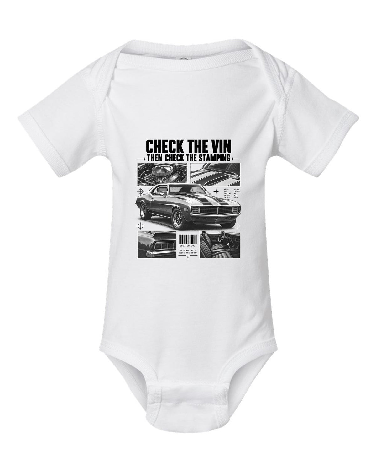 Dossier-panel print of a 1969 Chevrolet Camaro with check the VIN and stamping text white baby onesie front view with the design