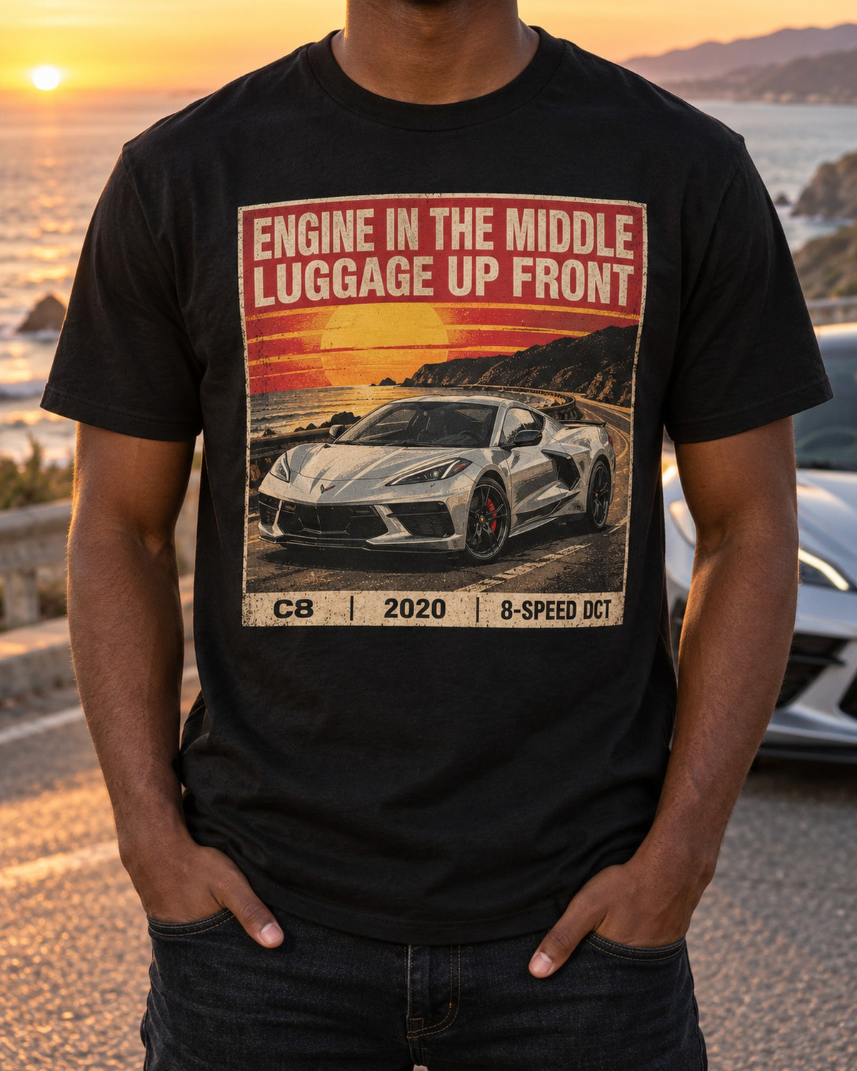 Corvette C8 Stingray Halftone Tee, Mid-Engine Car Guy Shirt T-Shirt Black worn hero