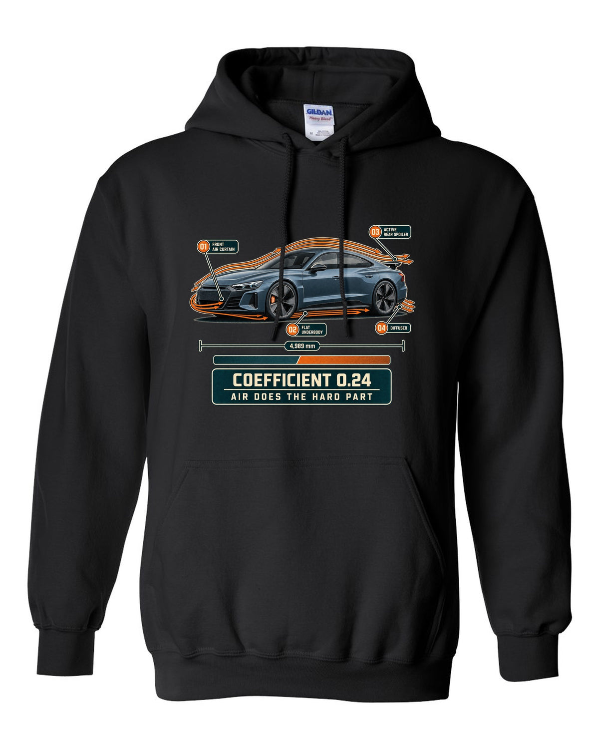 Audi RS e-tron GT aero callouts with airflow diagram print design black pull over hoodie front view with the design