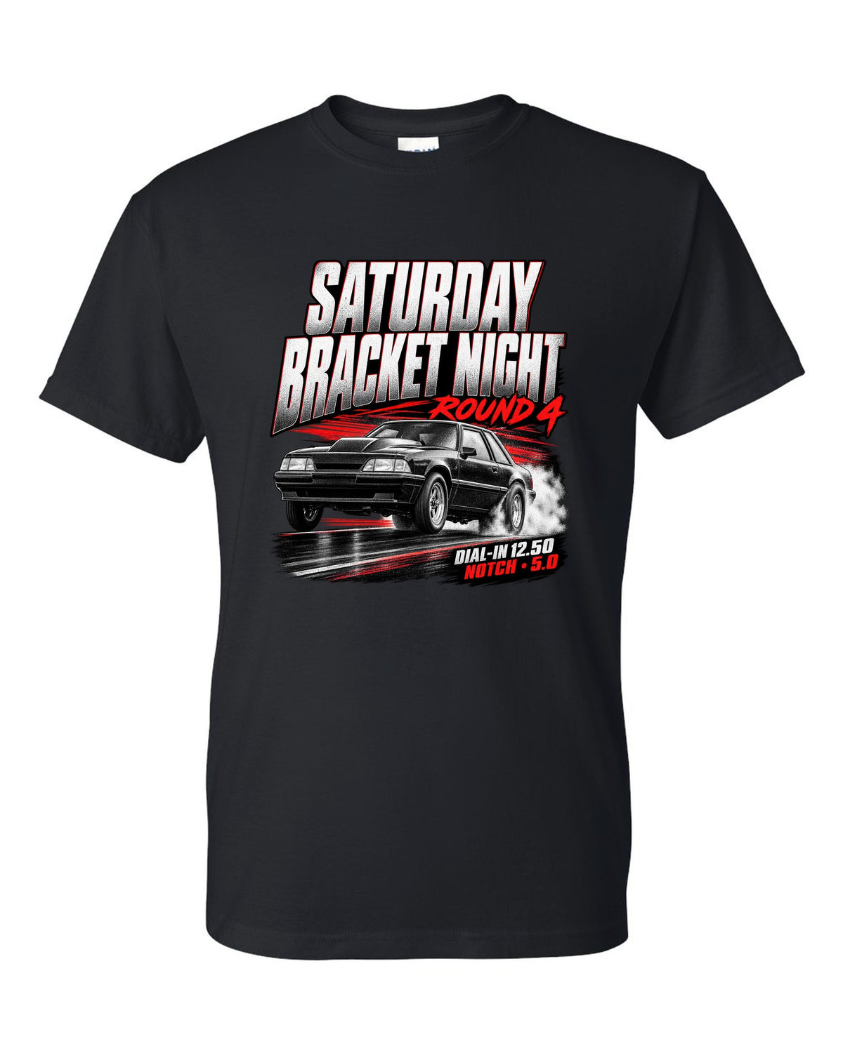 Race poster illustration of a Fox body Mustang notchback drag build for bracket night round 4 black t-shirt front view with the design