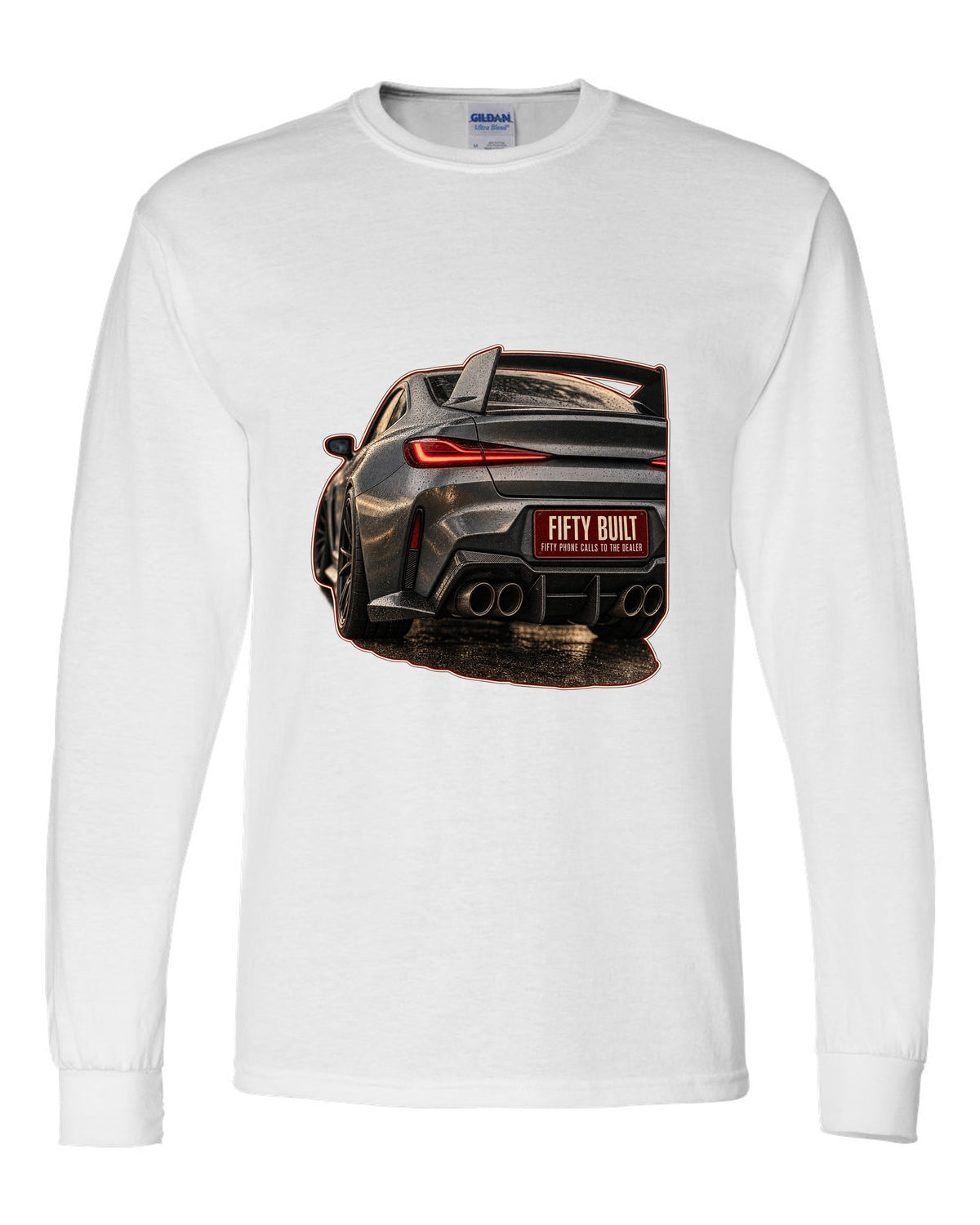 BMW 3.0 CSL 2023 rear light macro print white long sleeve front view with the design