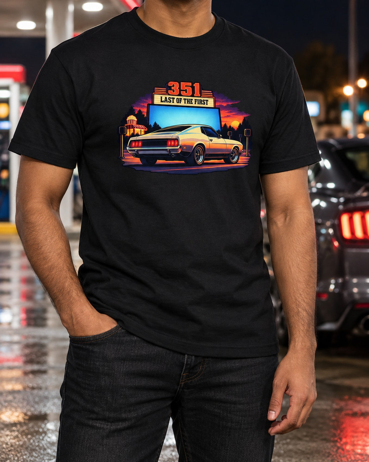 1973 Ford Mustang Fastback 351 Drive-In Anime Shirt T-Shirt Black worn hero