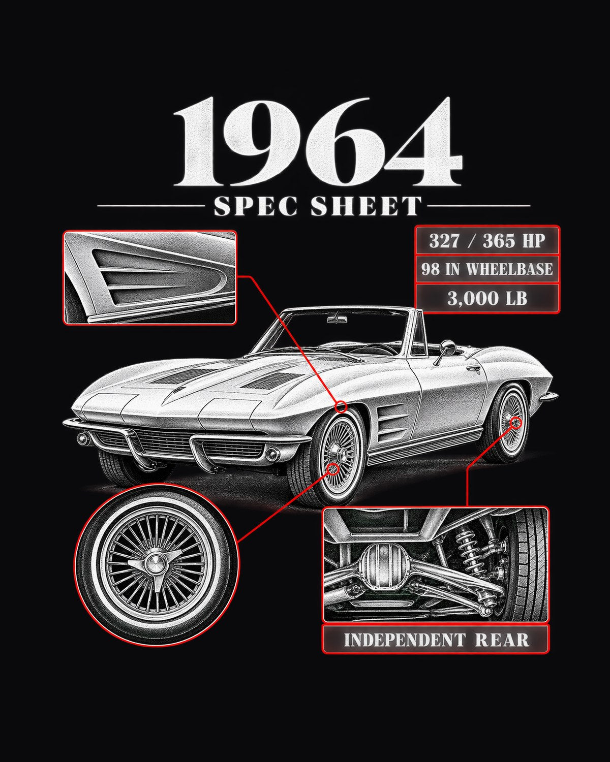 Corvette Sting Ray C2 1964 327 Spec Sheet Shirt, Car Guy design only