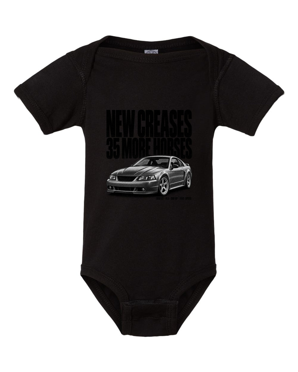 Halftone print of a 1999 Ford Mustang New Edge GT coupe black baby onesie front view with the design