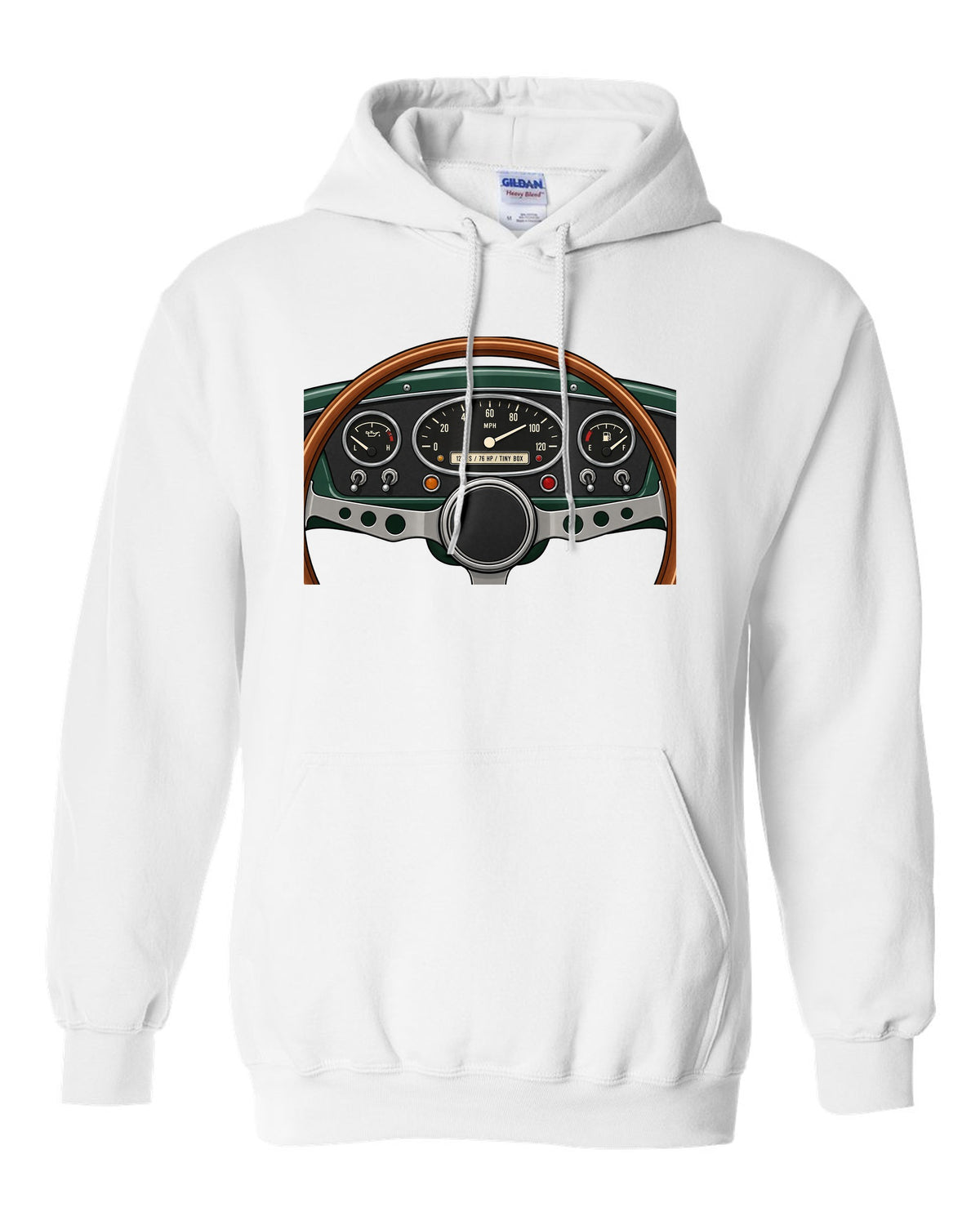 Gauge cluster readout for a classic Mini Cooper S with 1275 S and 76 HP white pull over hoodie front view with the design