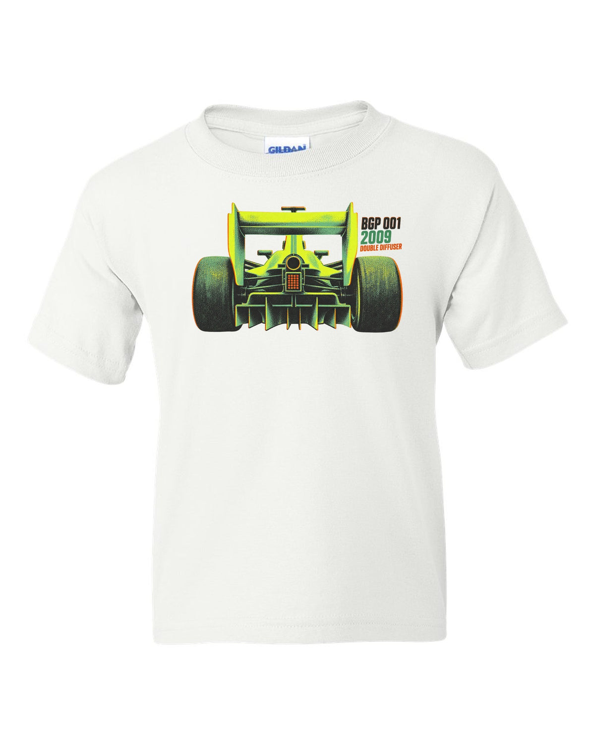 Risograph style Brawn BGP 001 Formula 1 car with double diffuser lettering white kids tee front view with the design