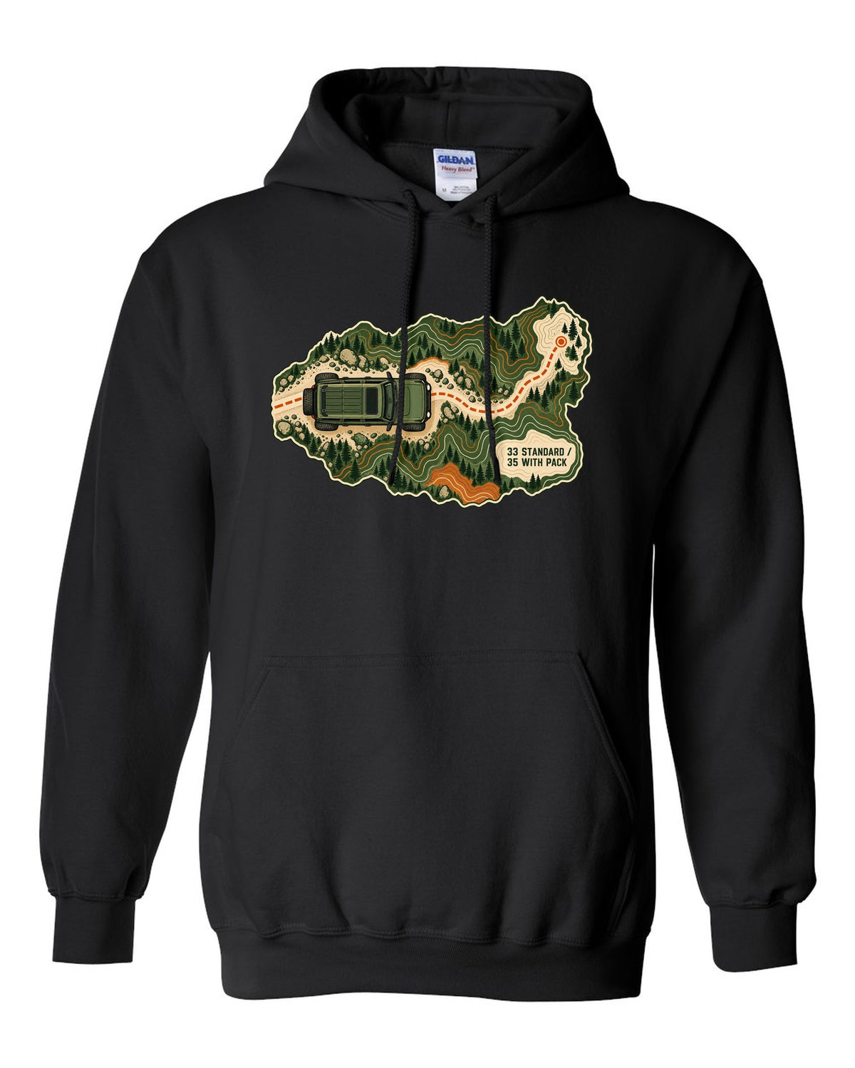 Topographic route map art of a 2021 Ford Bronco 4-door Badlands with 33 STANDARD 35 WITH PACK notes black pull over hoodie front view with the design