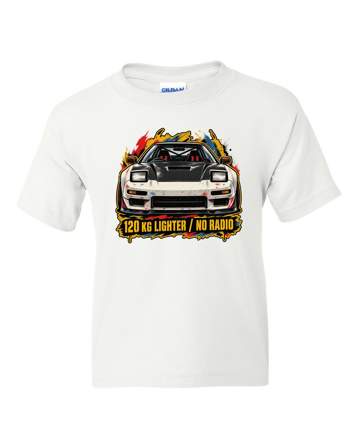 Grunge screen-print stencil print of a Honda NSX-R NA1 with 120 KG lighter no radio text white kids tee front view with the design