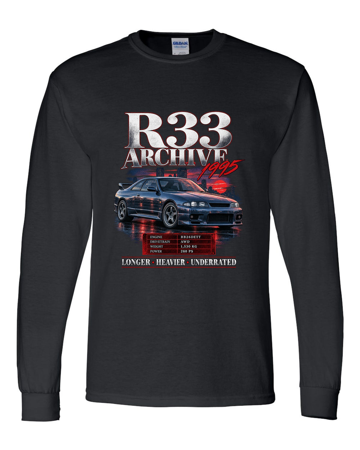 Archive panel print of a Nissan Skyline GT-R R33 BCNR33 with spec lettering black long sleeve front view with the design