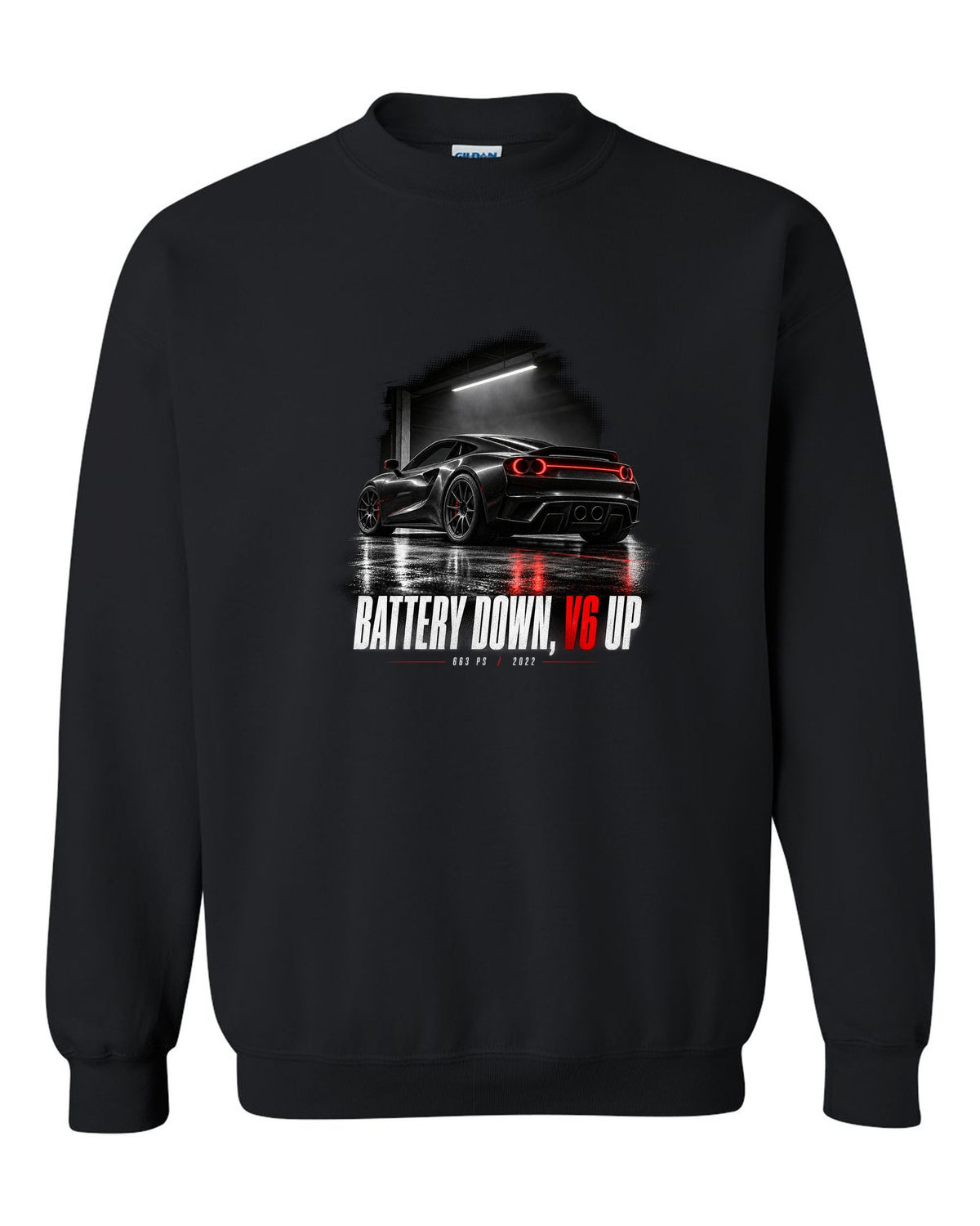 Garage night print of a Ferrari 296 GTB with the text Battery Down, V6 Up, 663 PS, 2022 black crewneck front view with the design