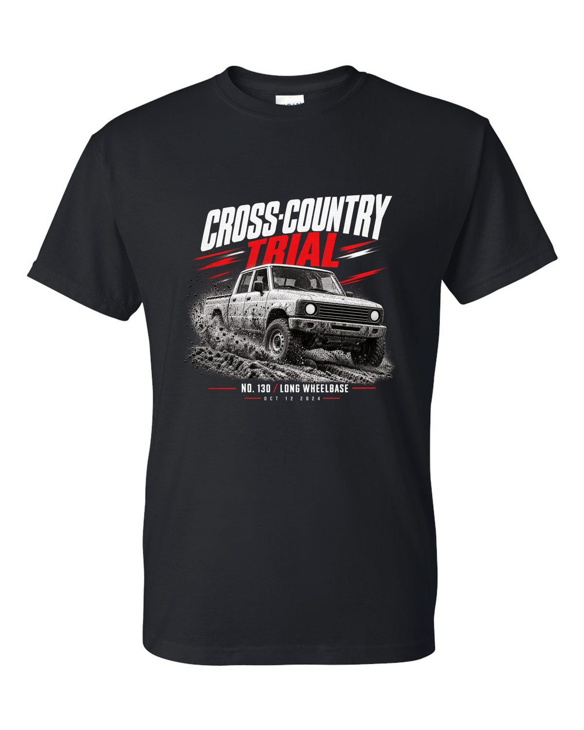 Land Rover Defender 130 cross-country trial race poster print black t-shirt front view with the design