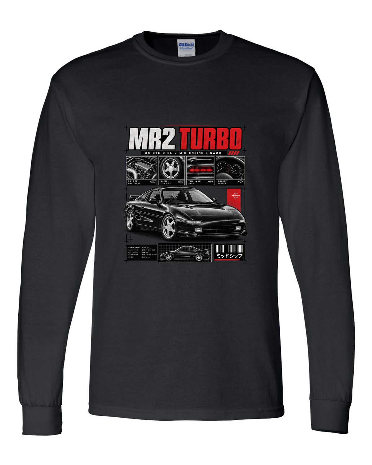 print of a Toyota MR2 SW20 Turbo in dossier panels with 3S-GTE 2.0L and mid-engine text black long sleeve front view with the design