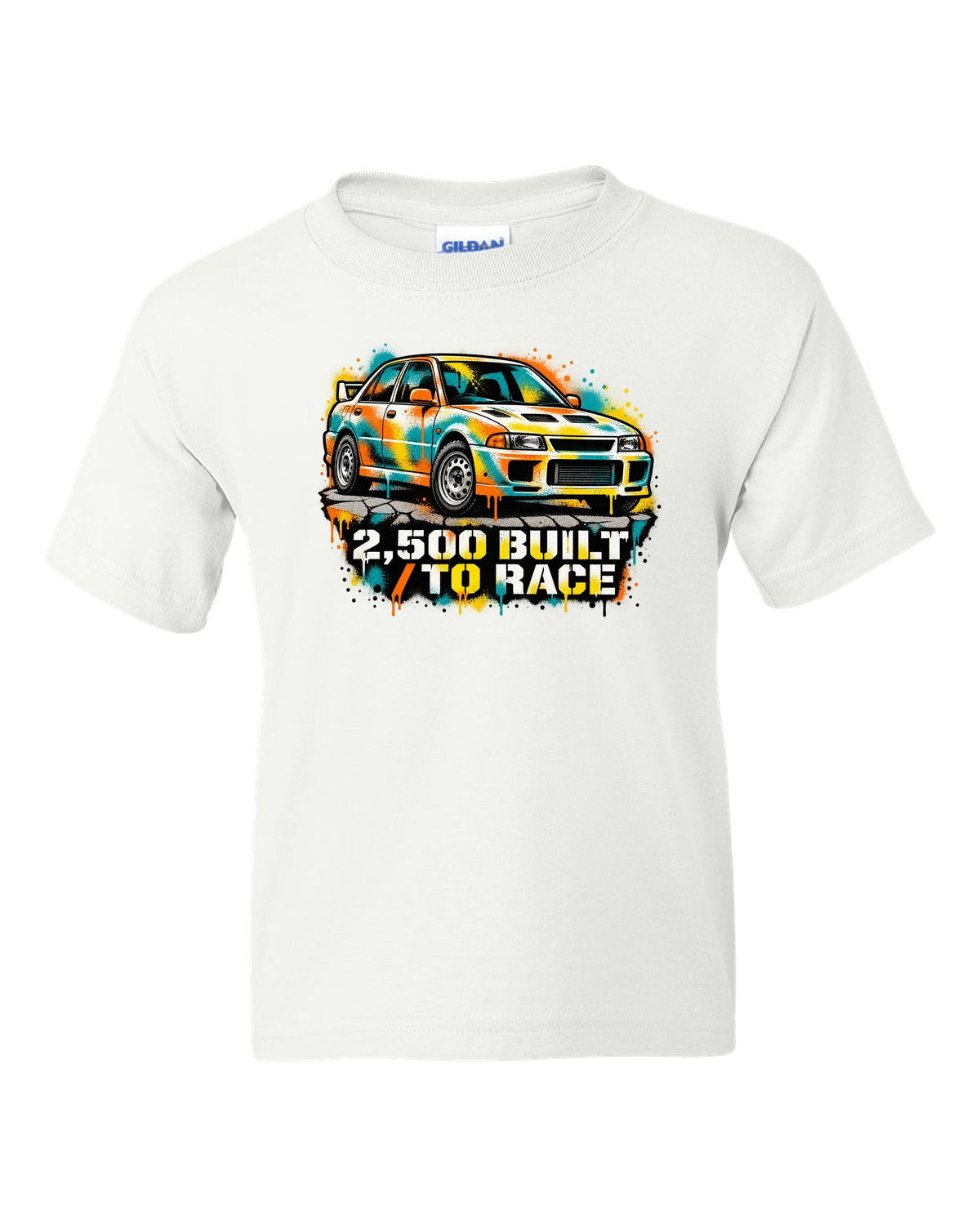 Spray-paint stencil of a Mitsubishi Lancer Evolution I CD9A with 2,500 built text white kids tee front view with the design