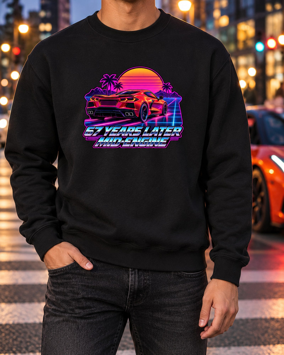 Corvette C8 Z06 Data Plate Overhead Spec Sheet Shirt Crewneck Black worn hero