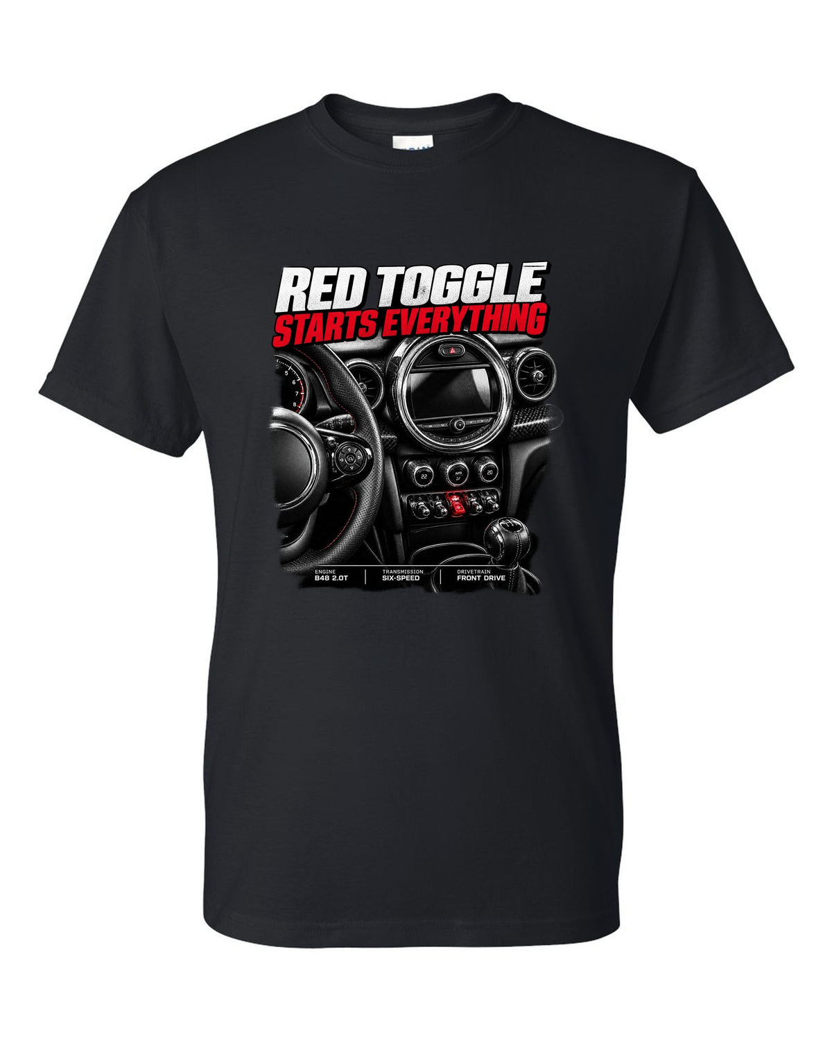 print of the Mini Cooper JCW F56 centre stack with the red toggle switch black t-shirt front view with the design