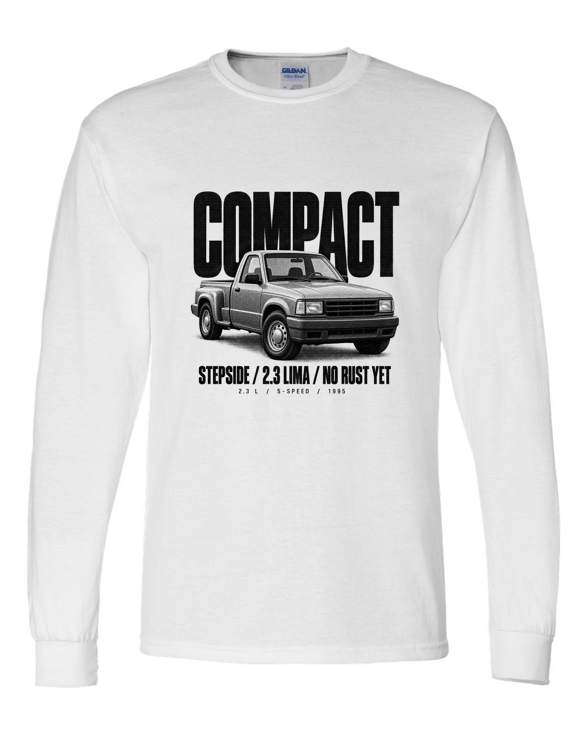 Ford Ranger 1995 stepside halftone print with compact, 2.3 Lima, no rust yet text white long sleeve front view with the design