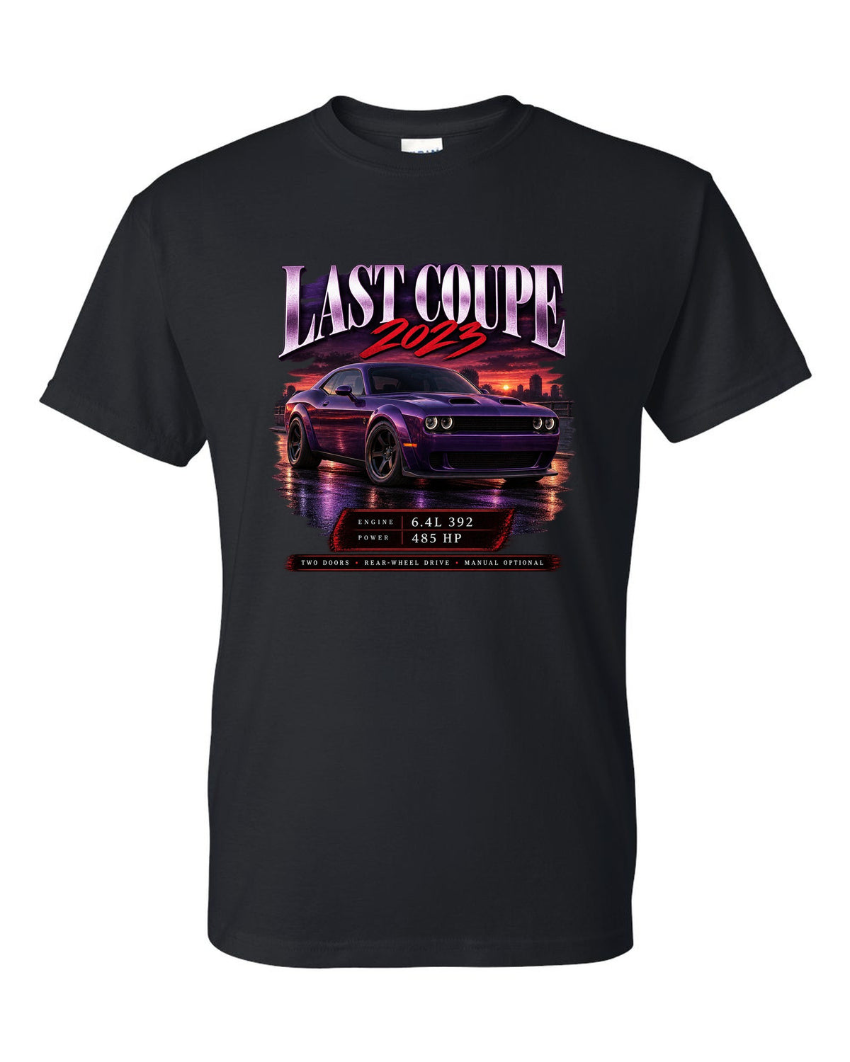 2023 Dodge Challenger Scat Pack Widebody archive panel print with last coupe lettering black t-shirt front view with the design