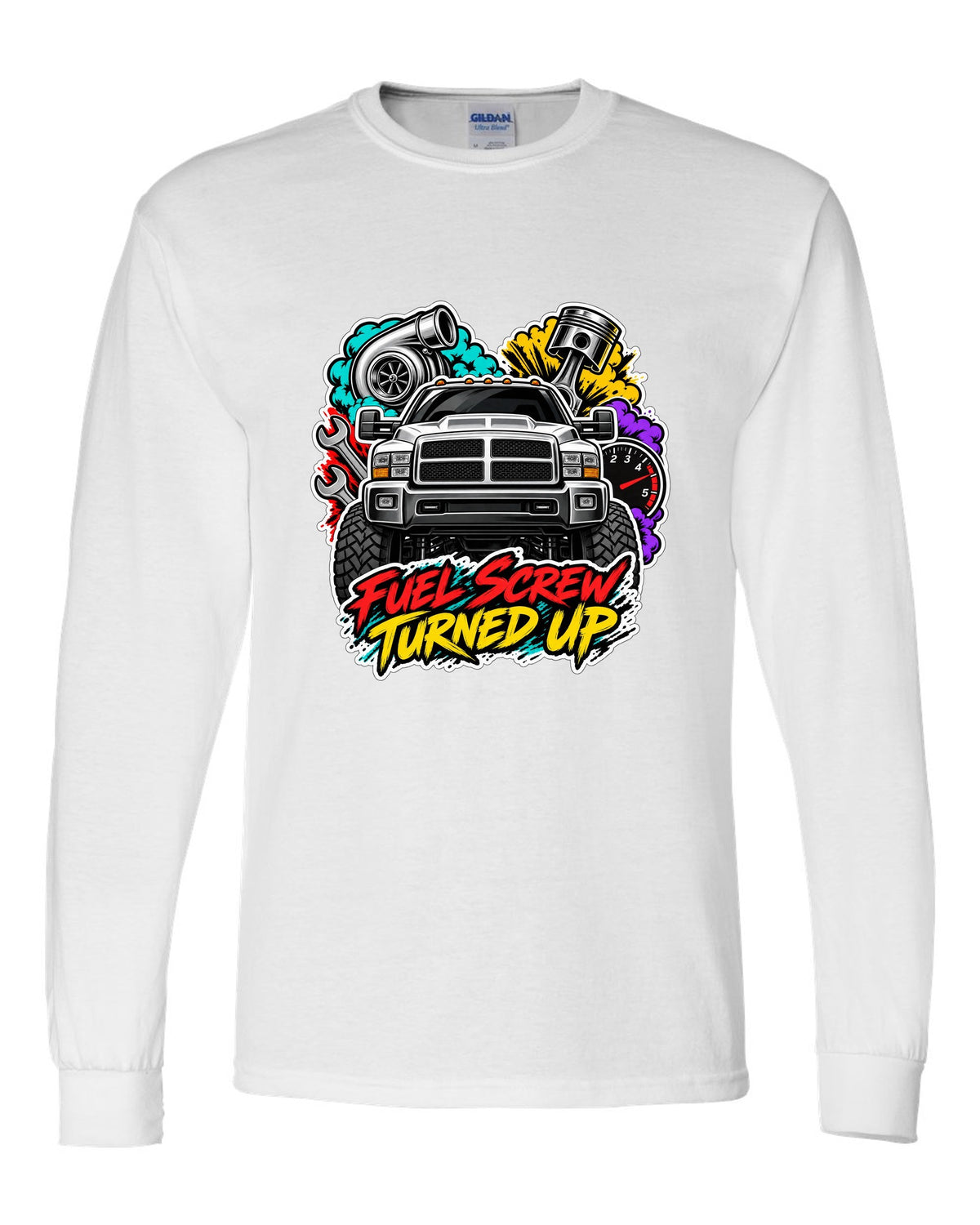 Sticker-bomb collage print of a 1994-1998 Dodge Ram 2500 12V Cummins with fuel screw text white long sleeve front view with the design