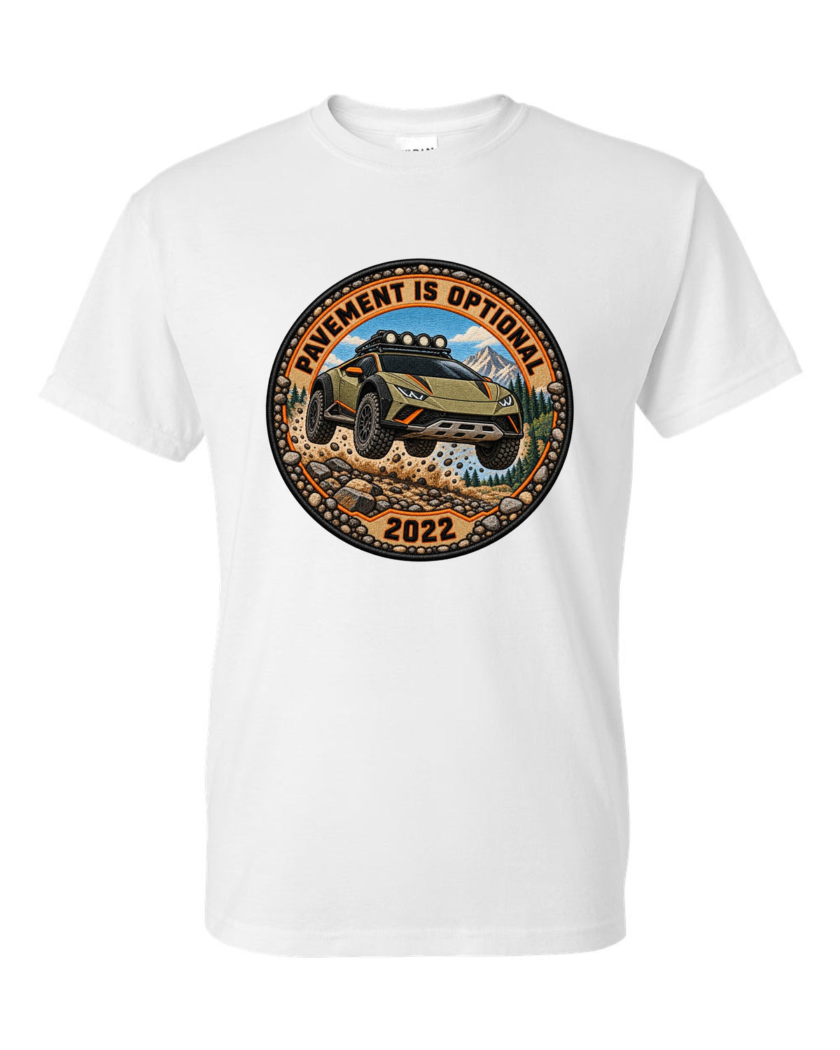 Embroidery-style round crest of a Lamborghini Huracan Sterrato LP610-4 with text PAVEMENT IS OPTIONAL / 2022 white t-shirt front view with the design