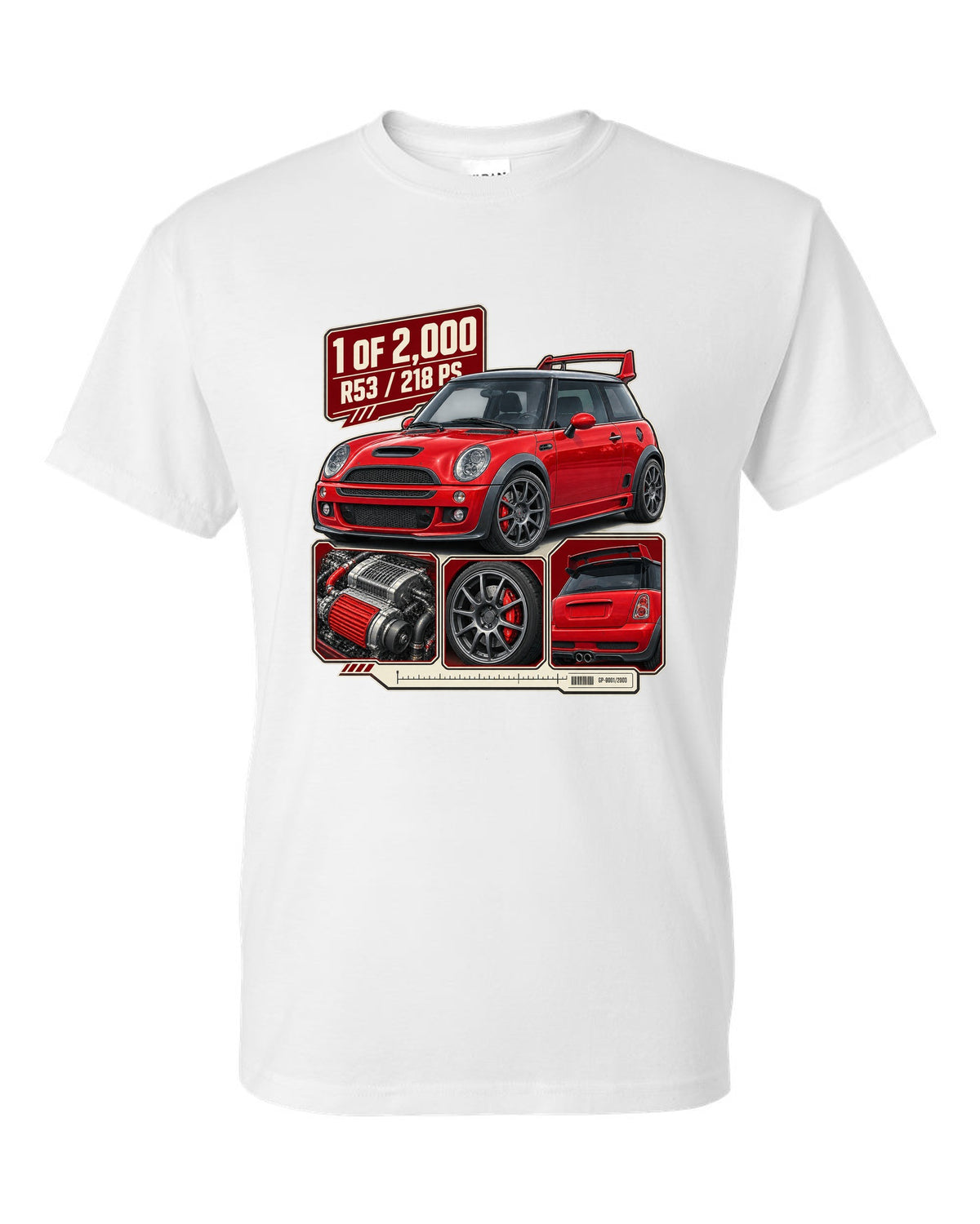 Dossier panel print for the Mini Cooper S Works GP R53 2006 showing 1 of 2,000 white t-shirt front view with the design