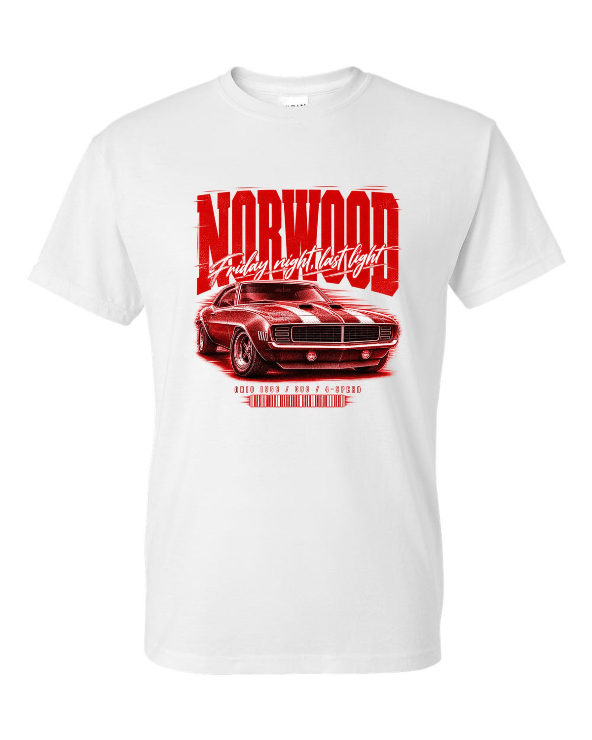 Street-poster print of a 1969 Chevrolet Camaro in Norwood, Ohio with 396 4-speed text white t-shirt front view with the design
