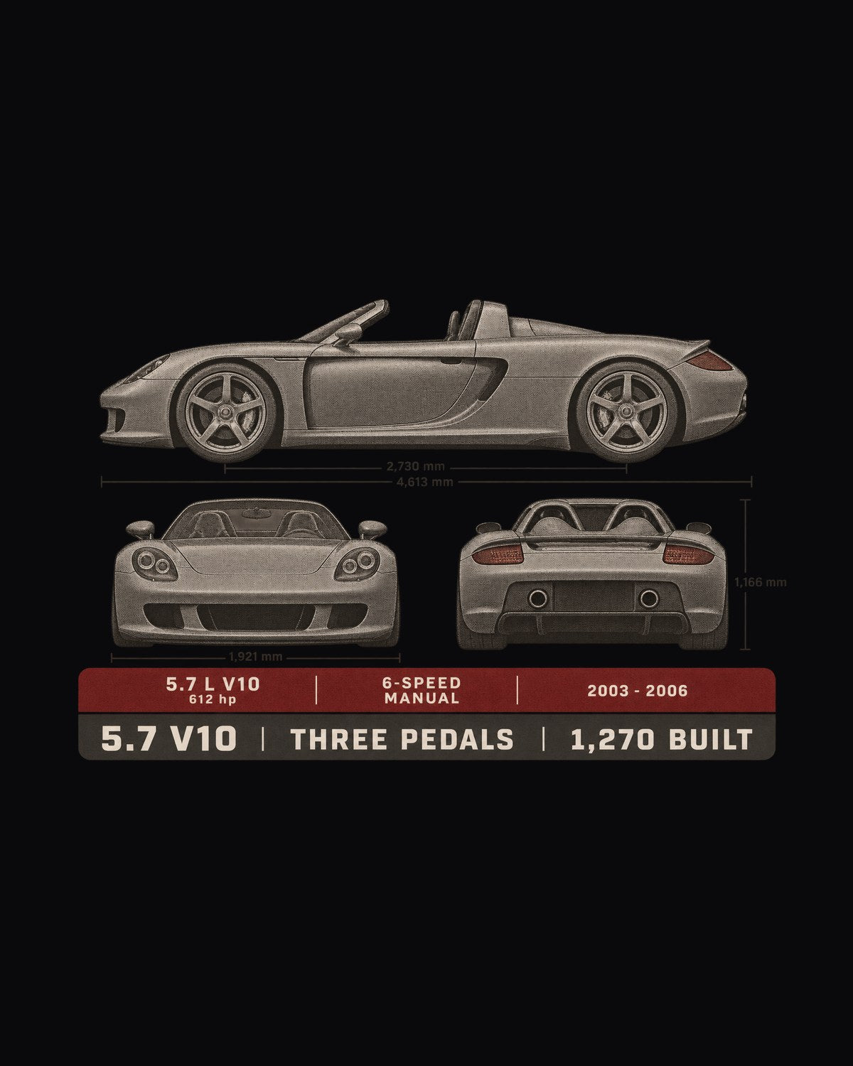 Porsche Carrera GT Three-View Spec Table Shirt, Car Gift design only