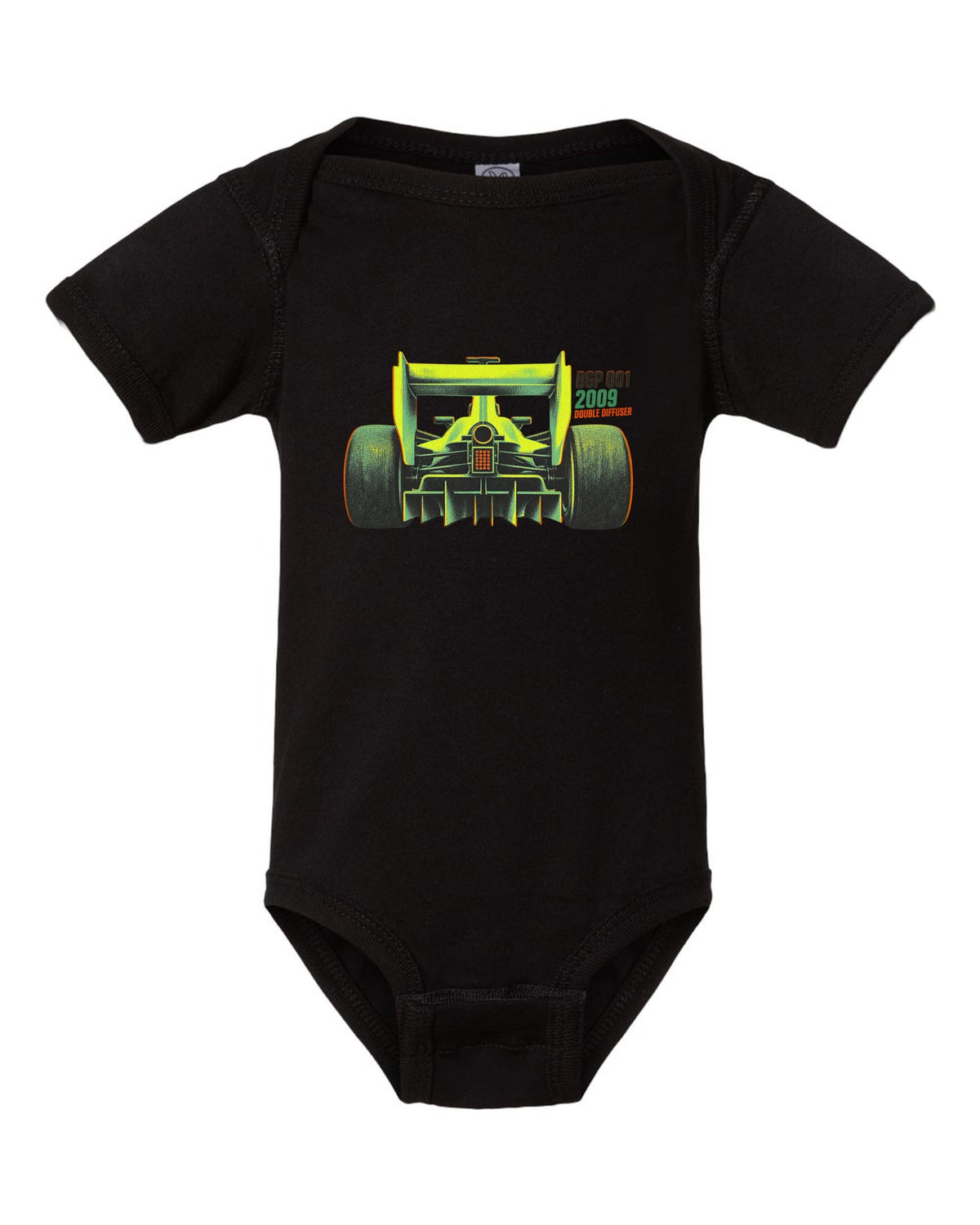 Risograph style Brawn BGP 001 Formula 1 car with double diffuser lettering black baby onesie front view with the design