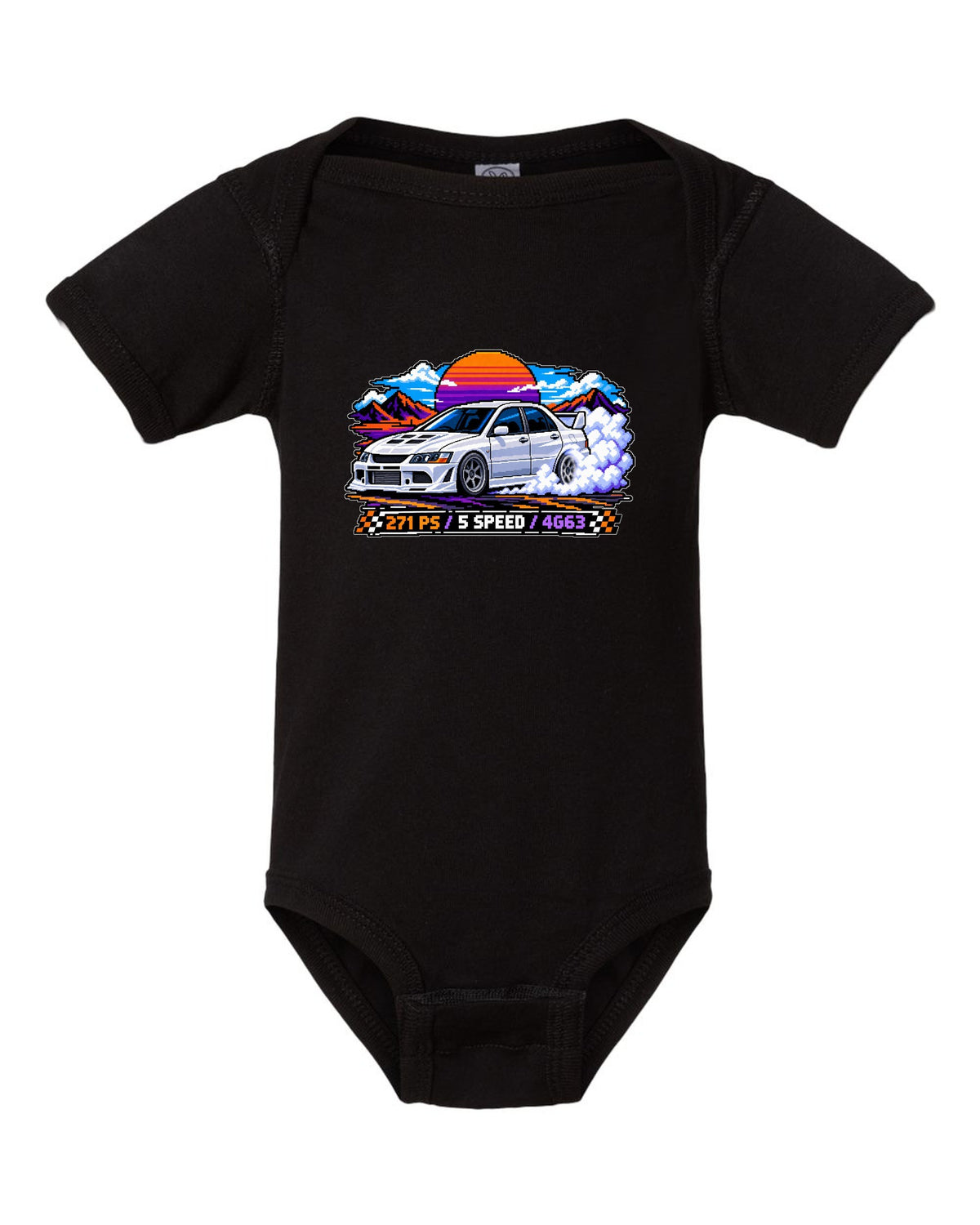 Pixel art burnout print of the Mitsubishi Evo VIII CT9A with 271 PS 5 speed 4G63 text black baby onesie front view with the design