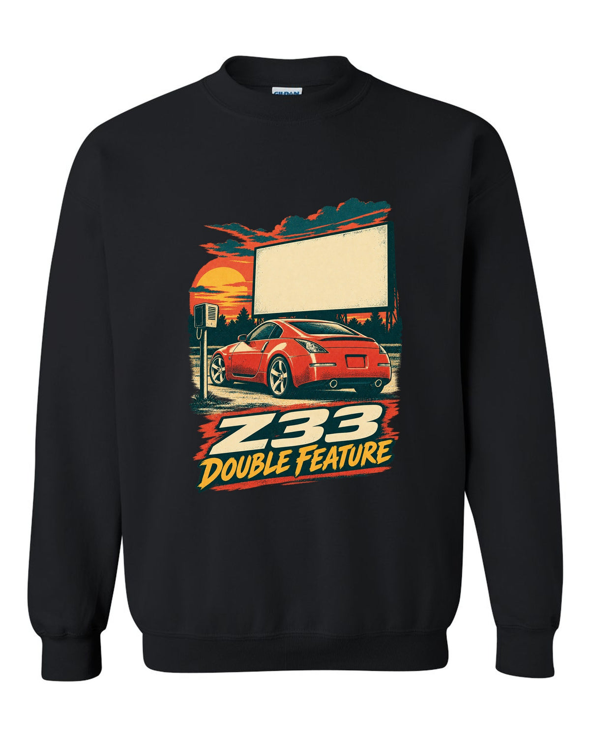 Vintage lithograph race poster print of a Nissan 350Z Z33 at a drive-in black crewneck front view with the design