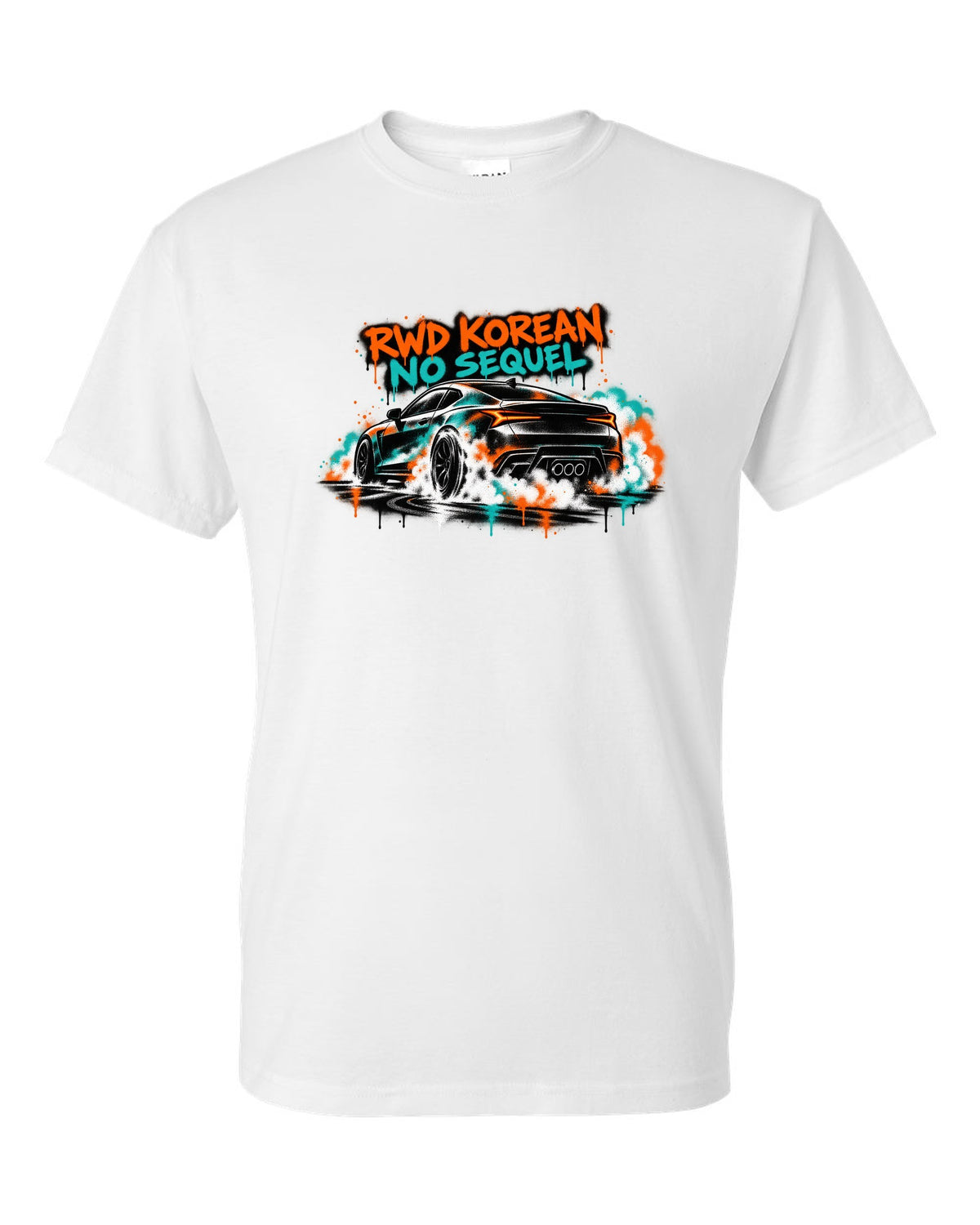 Hyundai Genesis Coupe BK2 stencil spray burnout print with RWD Korean no sequel text white t-shirt front view with the design