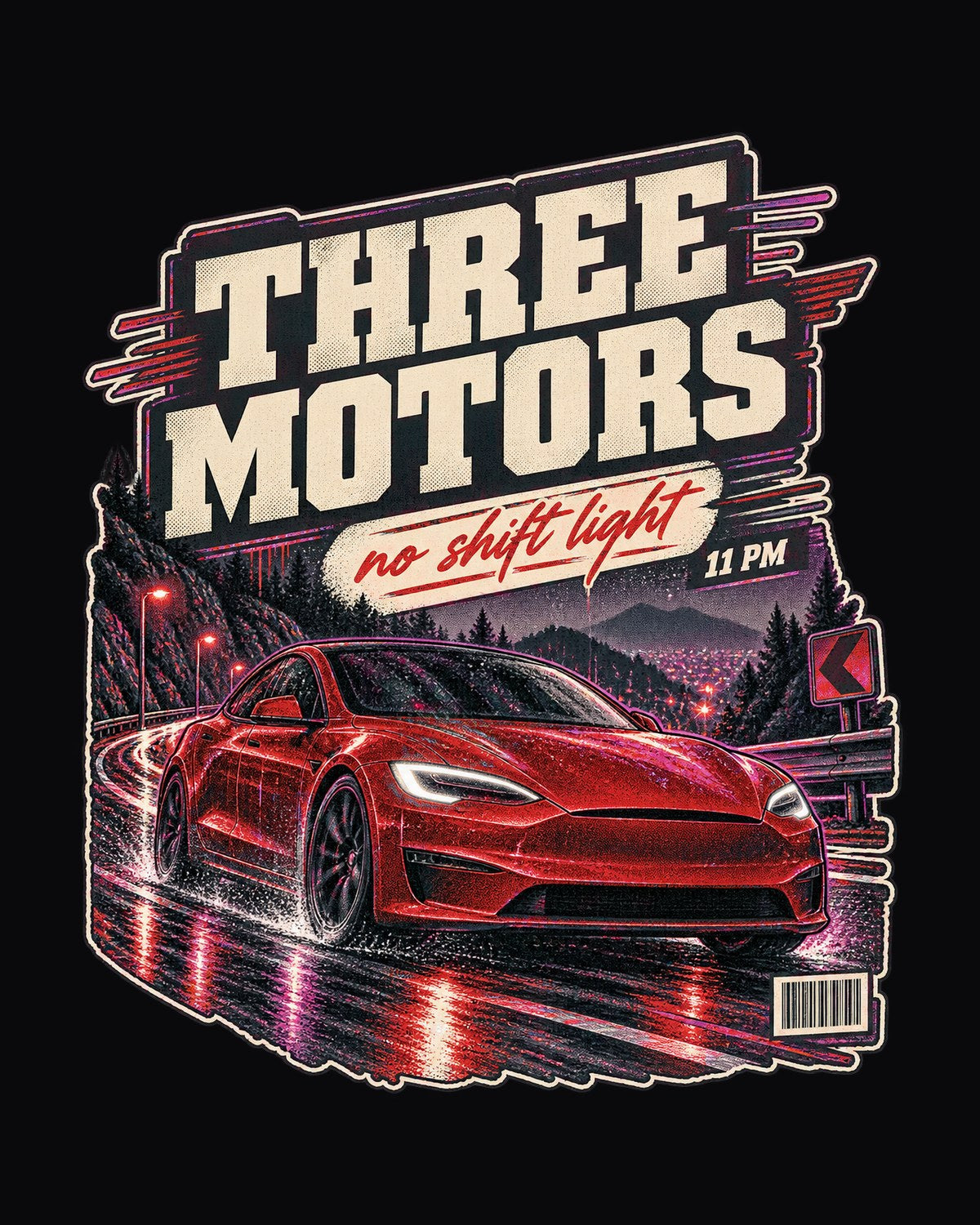 Tesla Model S Plaid Night Street Shirt, Three Motors, 11 PM design only