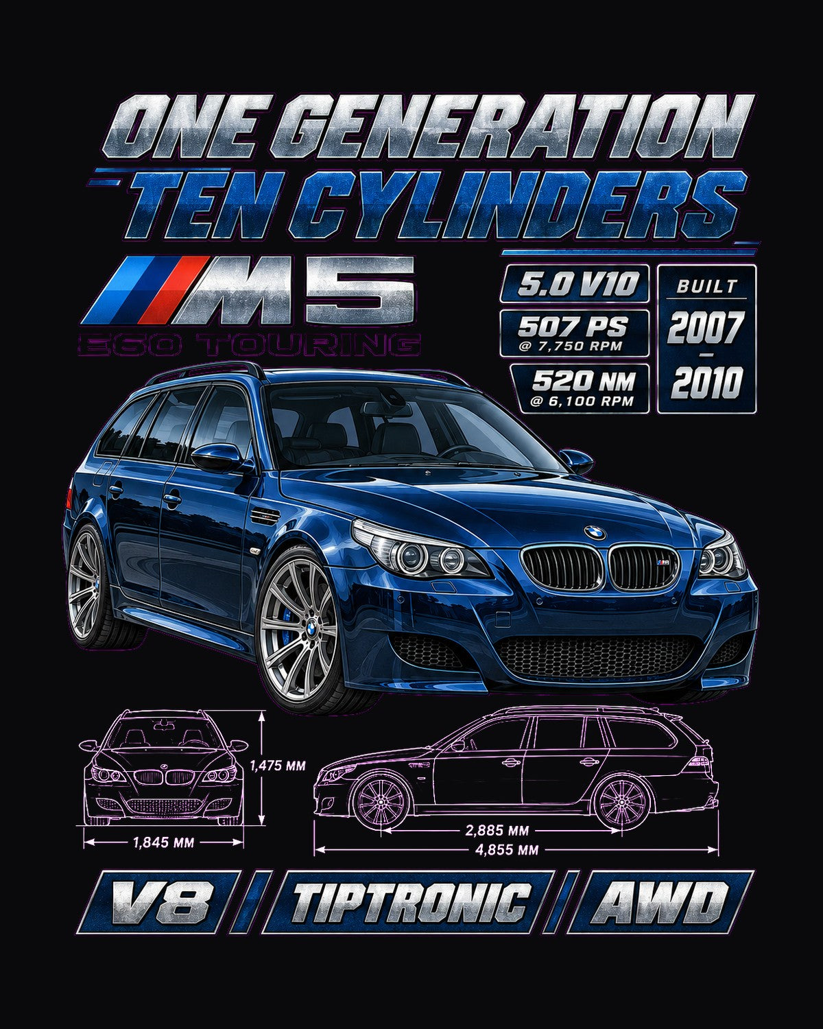 BMW M5 E60 Spec Poster Shirt, One Generation Ten Cylinders design only